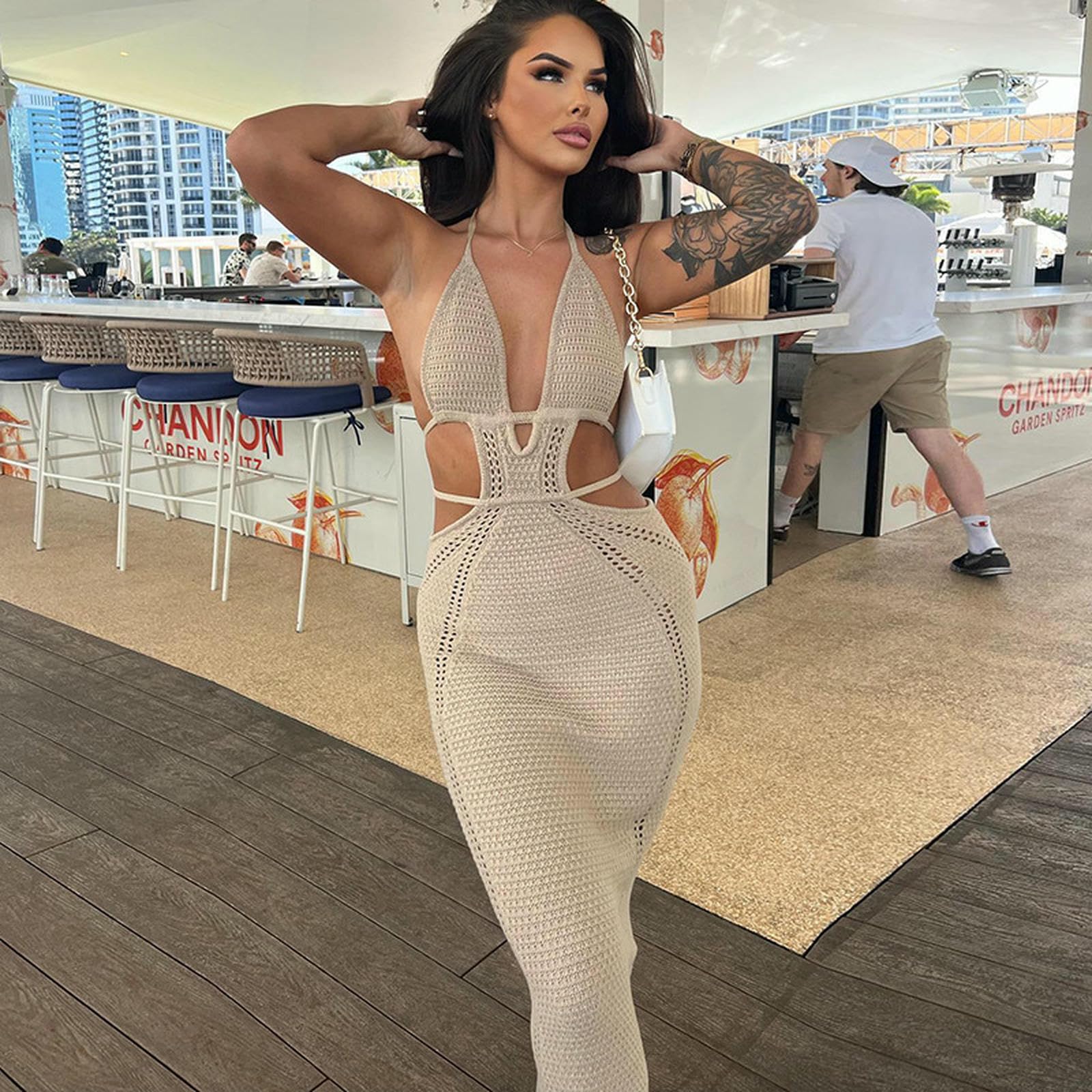 Sukienka damska elegancka bodycon szydełkowa sukienka z wiązaniem z tyłu cienka wydrążona sukienka wieczorowa długie sukienki maxi
