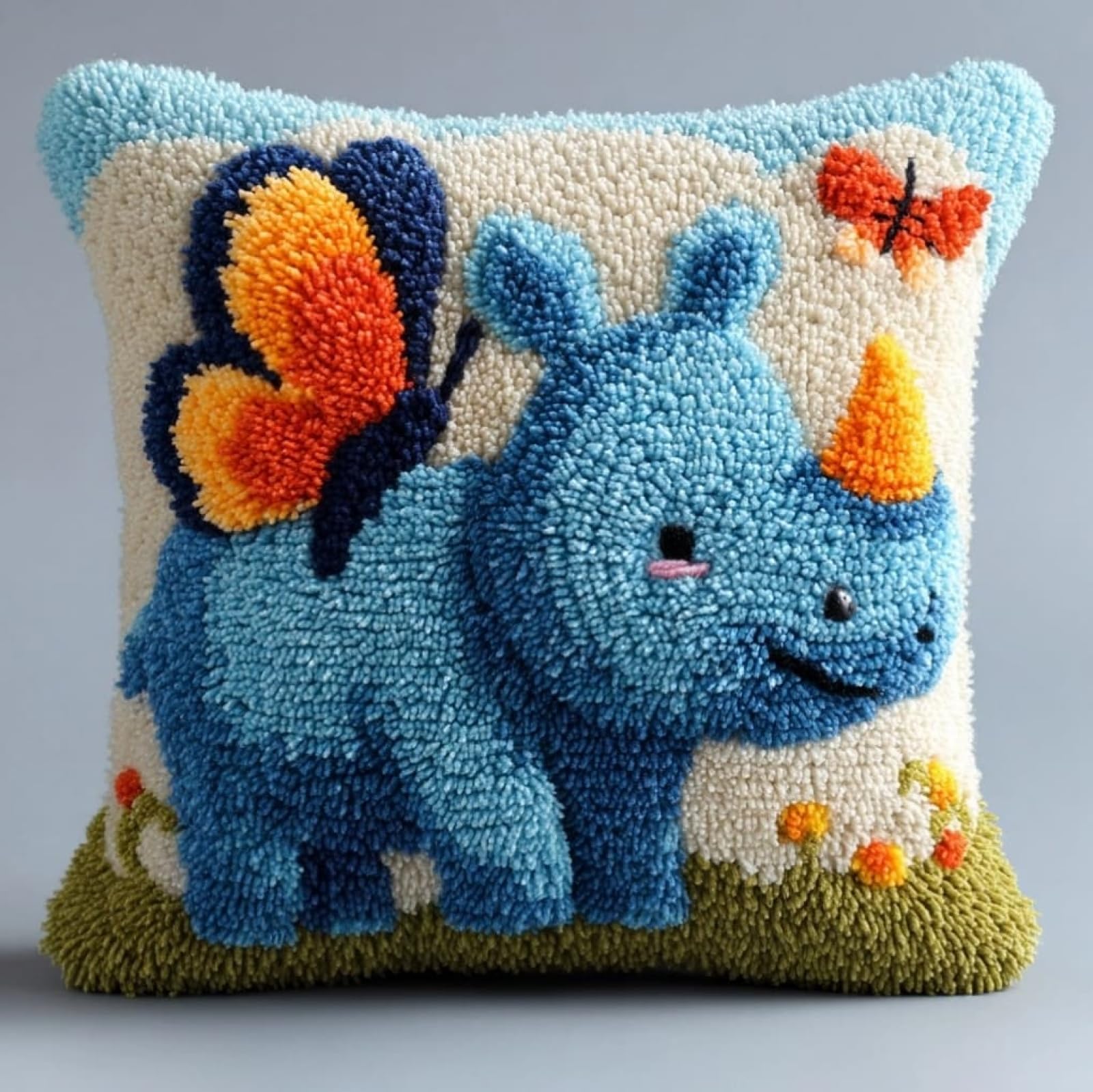 AxiangziK Latch Hook Pillow Kit 43x43cm,Rhinoceros and Butterfly DIY Cushion Cover for Sofa Bedroom Decor,Pre-Printed Canvas Craft Set for Adults Beginners