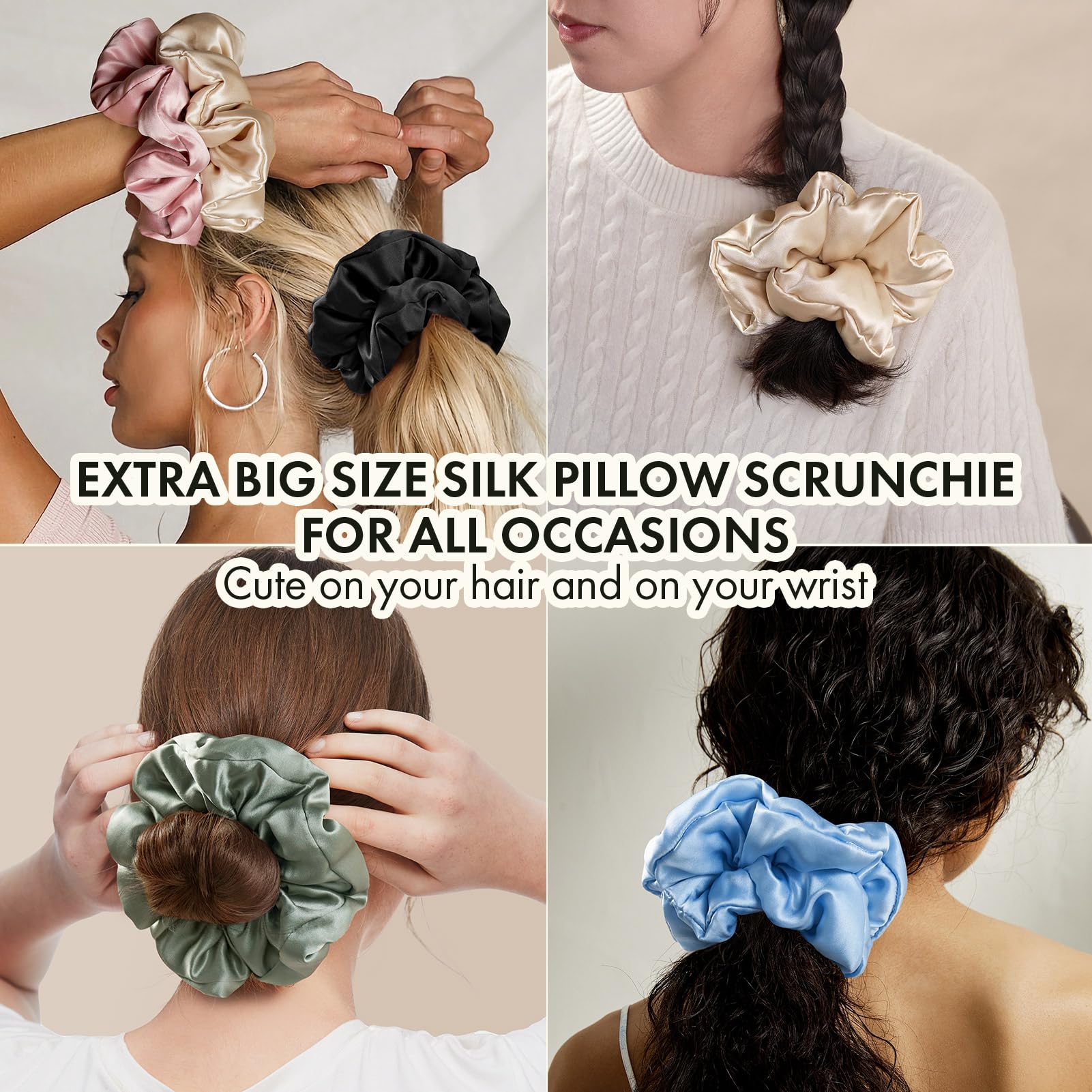 LILYSILK Women's 100% Mulberry Silk Big Hair Scrunchies Ladies Pure Silk Filled Giant XL Ponytail Holder Oversized Elastic Hair Tie Band Large Jumbo Hair Bobble for Breakage Prevention(Gravel Gold) - Image 4