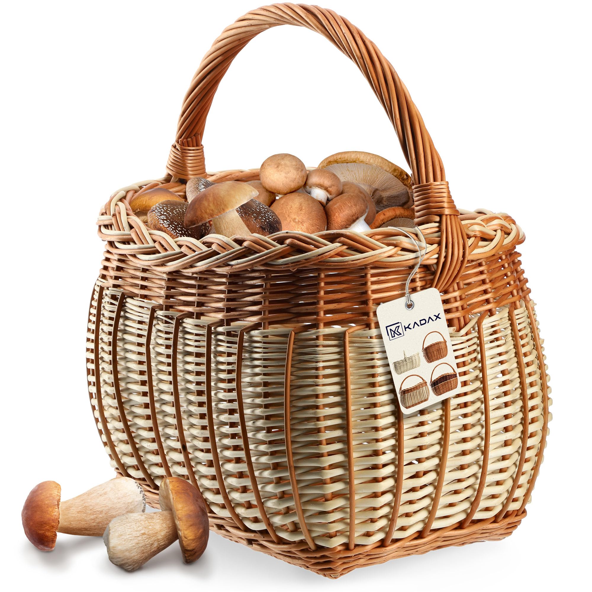 KADAX Panier en osier pour champignons, ovale, robuste, avec poignée de poignée, pour le jardin, le transport, 31 x 26 x 41 cm