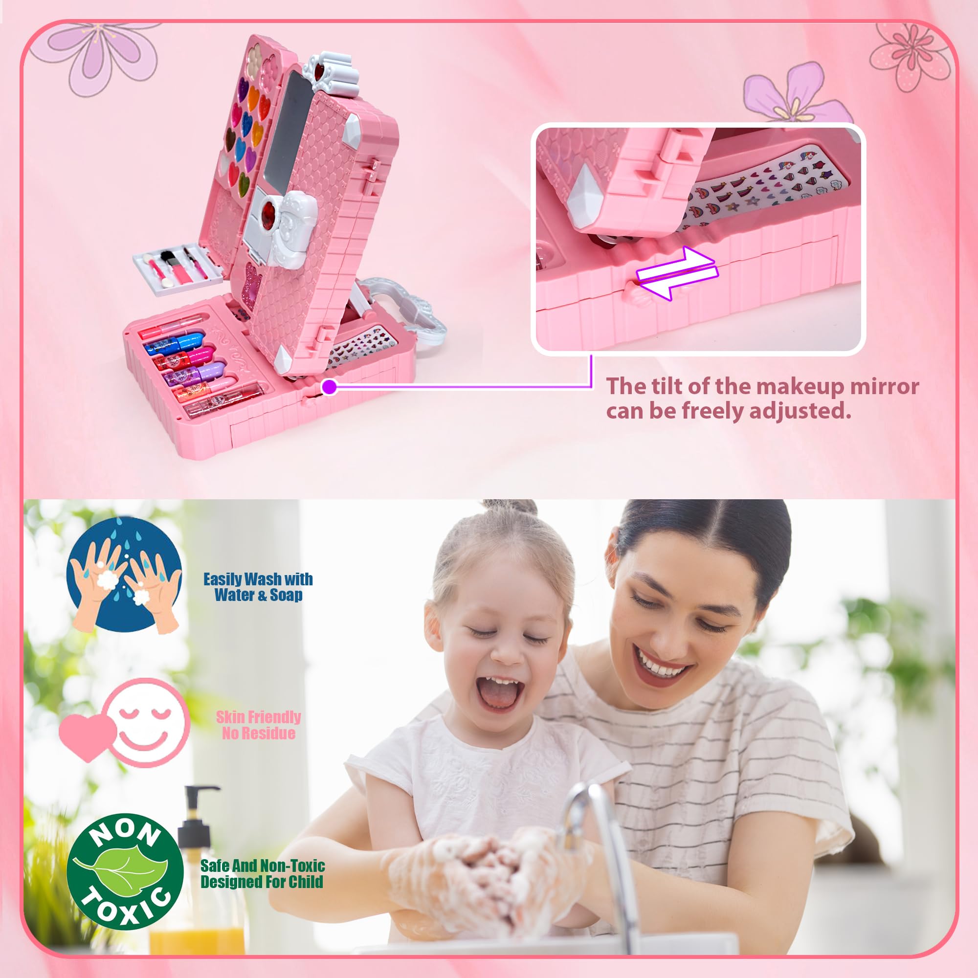 Kids Makeup Sets for Girls Toys, 74PCS Washable Makeup for Kids with Mirror Real Dressing Table with Stand - Image 4