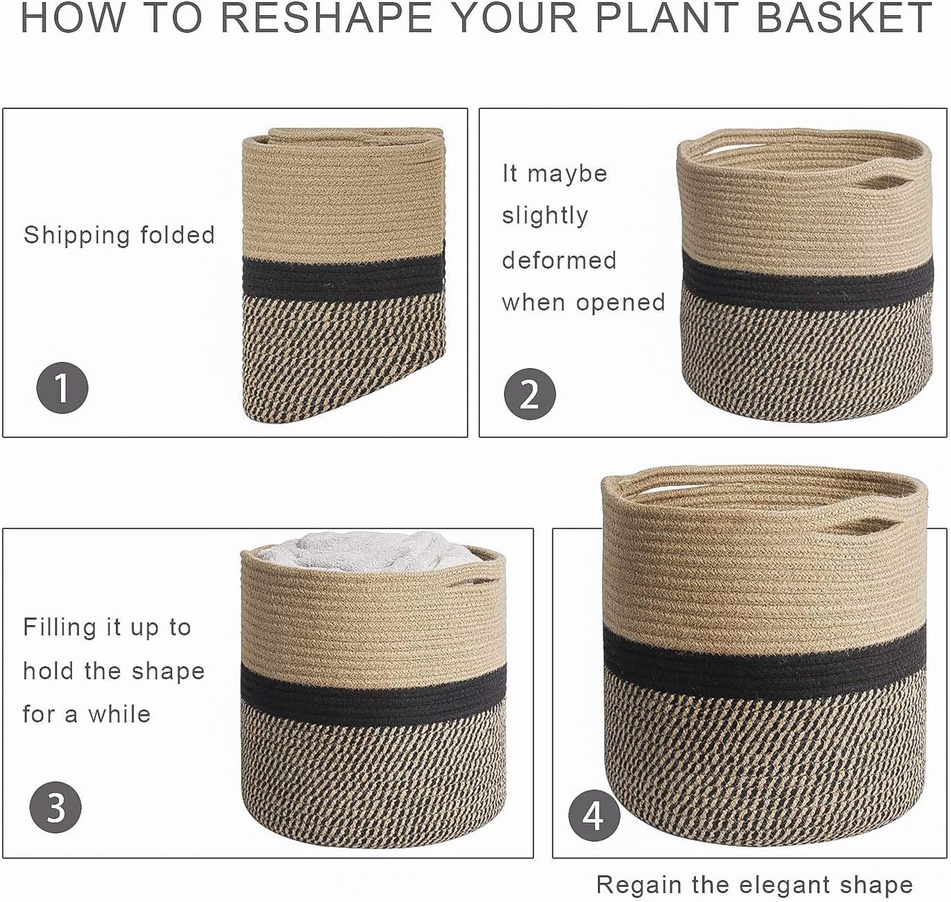 TIMEYARD Sturdy Jute Rope Plant Basket Modern Woven Basket for 11" Flower Pot Floor Indoor Planters, 12'' x 12'' Storage Organizer Baskets Rustic Home Decor, Black and Beige Stripes