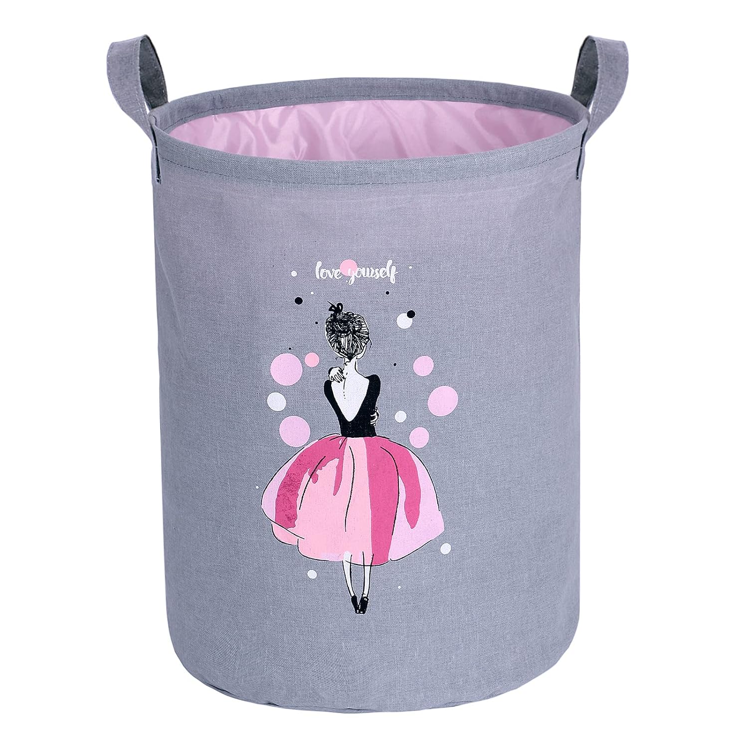 Kids Storage Bin, Large Sized Handled Canvas Fabric Collapsible Organizer Basket, Waterproof Foldable Bins for Laundry Hamper, Toy Bins, Gift Baskets, Clothes, Baby Nursery (Girl)