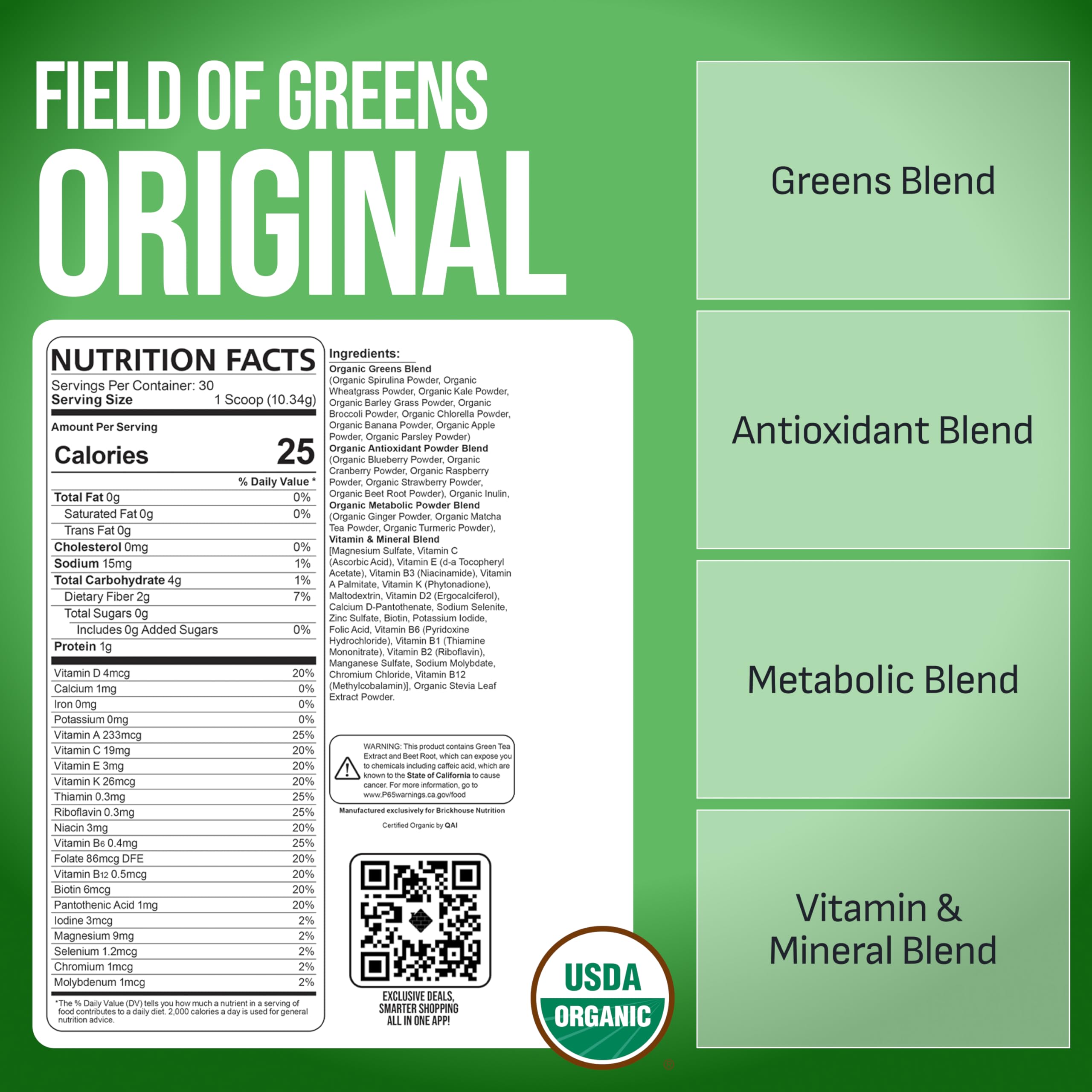 BRICKHOUSE NUTRITION Field of Greens Super Greens Powder | Doctor-Formulated Superfood Powder, Fruits & Veggies Supplement - Original (Single Pack) — Amazon image 2