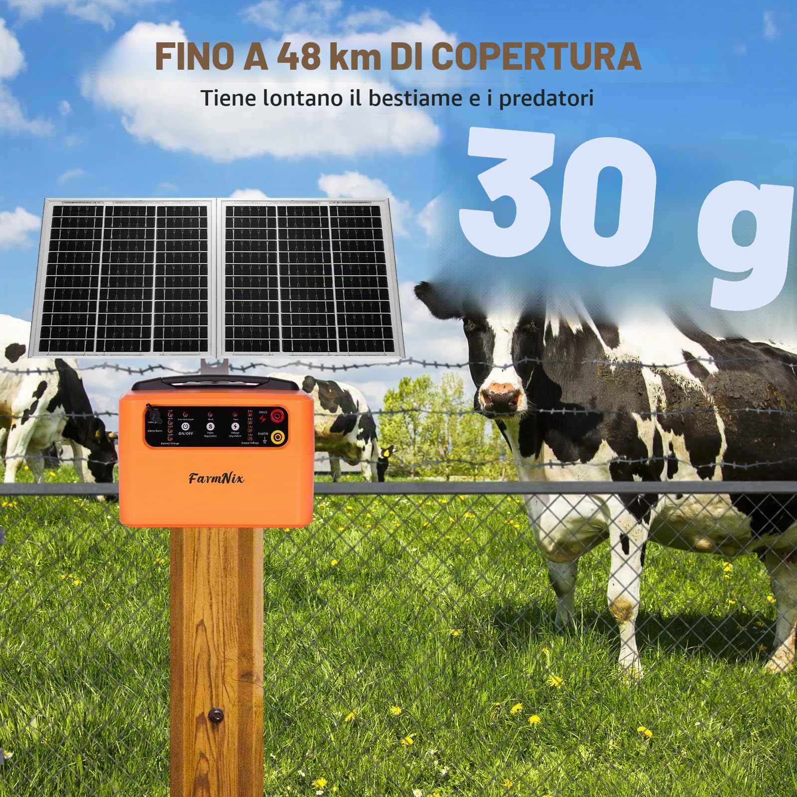 48KM Pastore Elettrico Solare 12V, 0.3-1.5J, 6KV-12KV | Recinzione Elettrica regolabile Pastore elettrico mit Batteria 7Ah, con Pannello Solare da 15W per Animali Grandi e Piccoli