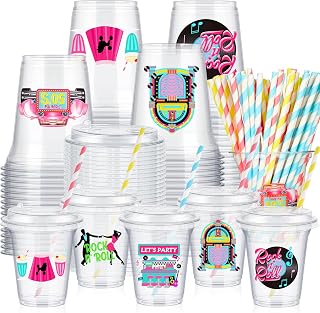 Boao 36 Sets 1950s Party Decorations 50's Rock and Roll Cups with Lids and Paper Straws 14 oz 50s Retro Birthday Plastic Cups 50's Theme Birthday Music Party Supplies