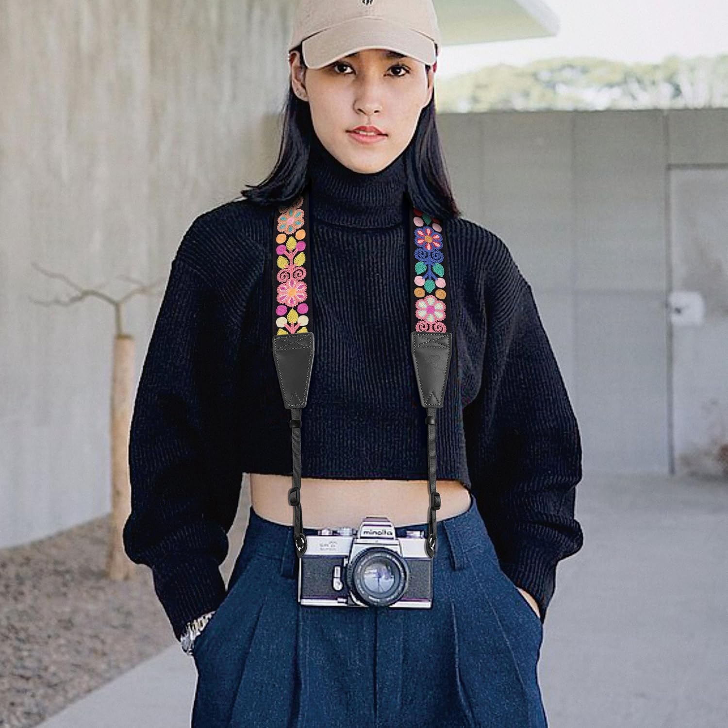 Padwa Lifestyle Colorful Crochet Camera Strap - 2" Full Grain Leather Ends Camera Straps for Photographers, Vintage Woven Cotton Soft Suede Fabric Padded Strap with Quick Release fits All Cameras