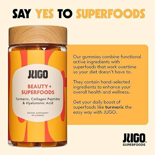 Miniatura 3 de JUGO Beauty + SUPERFOODS - Gomitas de colágeno para cabello, piel y uñas, suplemento de ácido hialurónico y cúrcuma, sin crueldad, sin gelatina y