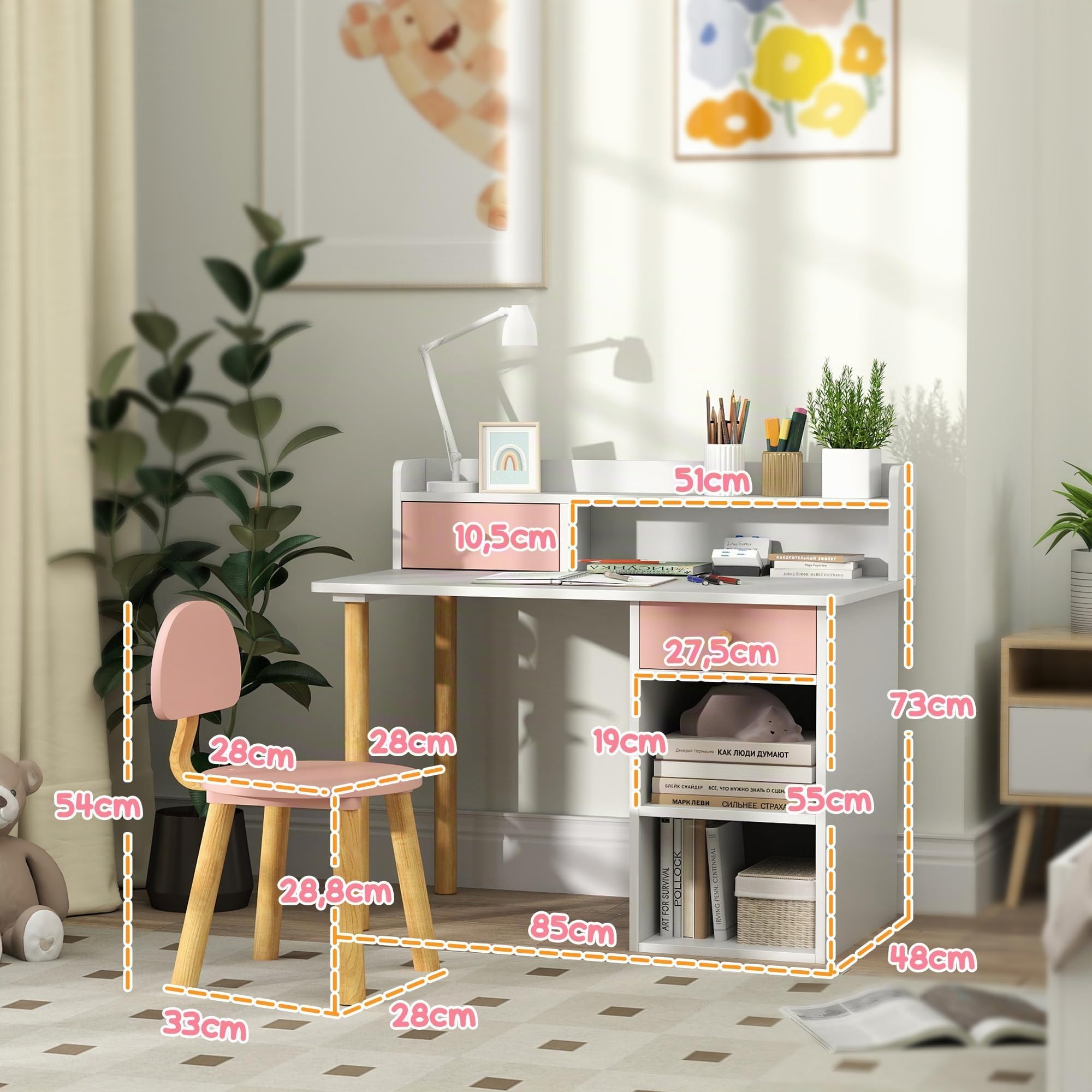 AIYAPLAY Bureau et chaise pour enfants +3 ans avec tiroirs et étagères - Rose et blanc