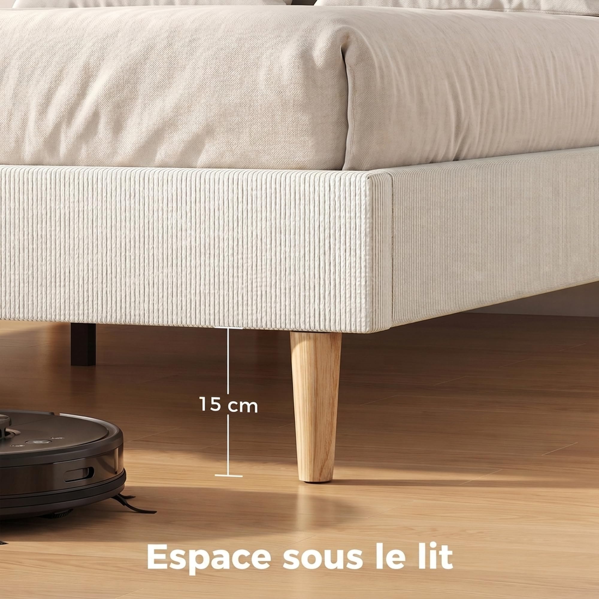 HOMCOM Struttura Letto 140 x 190 cm, Letto a Piattaforma Imbottito Effetto Velluto, Supporto Materasso con 12 Doghe, Silenzioso, Senza Base Aggiuntiva, Montaggio Facile, Crema