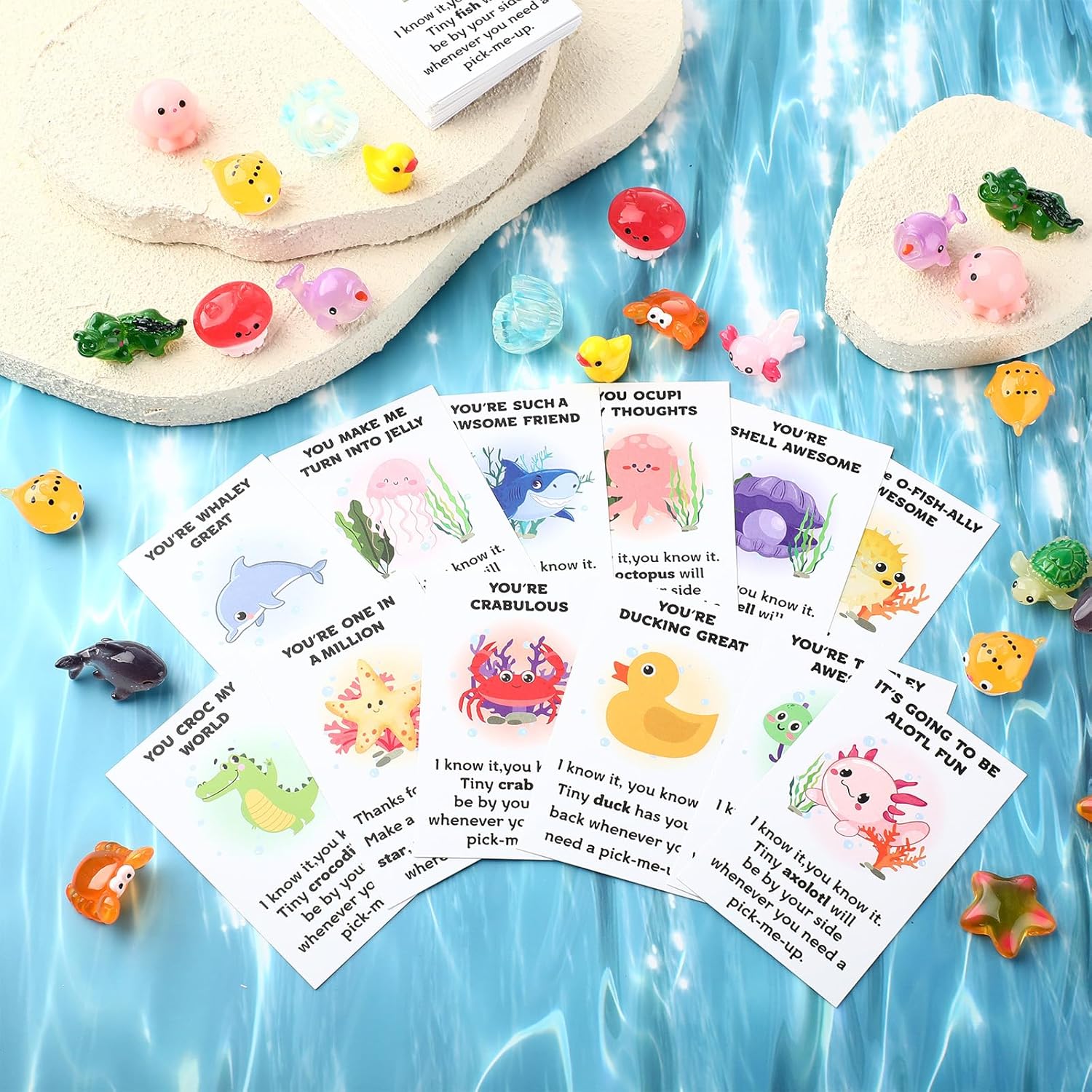 Briwooody 120 Pcs Employee Appreciation Gifts Bulk for Coworkers Teachers End of Year Presents Resin Toys Pun Inspirational Notecards Thank You Gift Set for Staff Coworker Office (Ocean Animals)