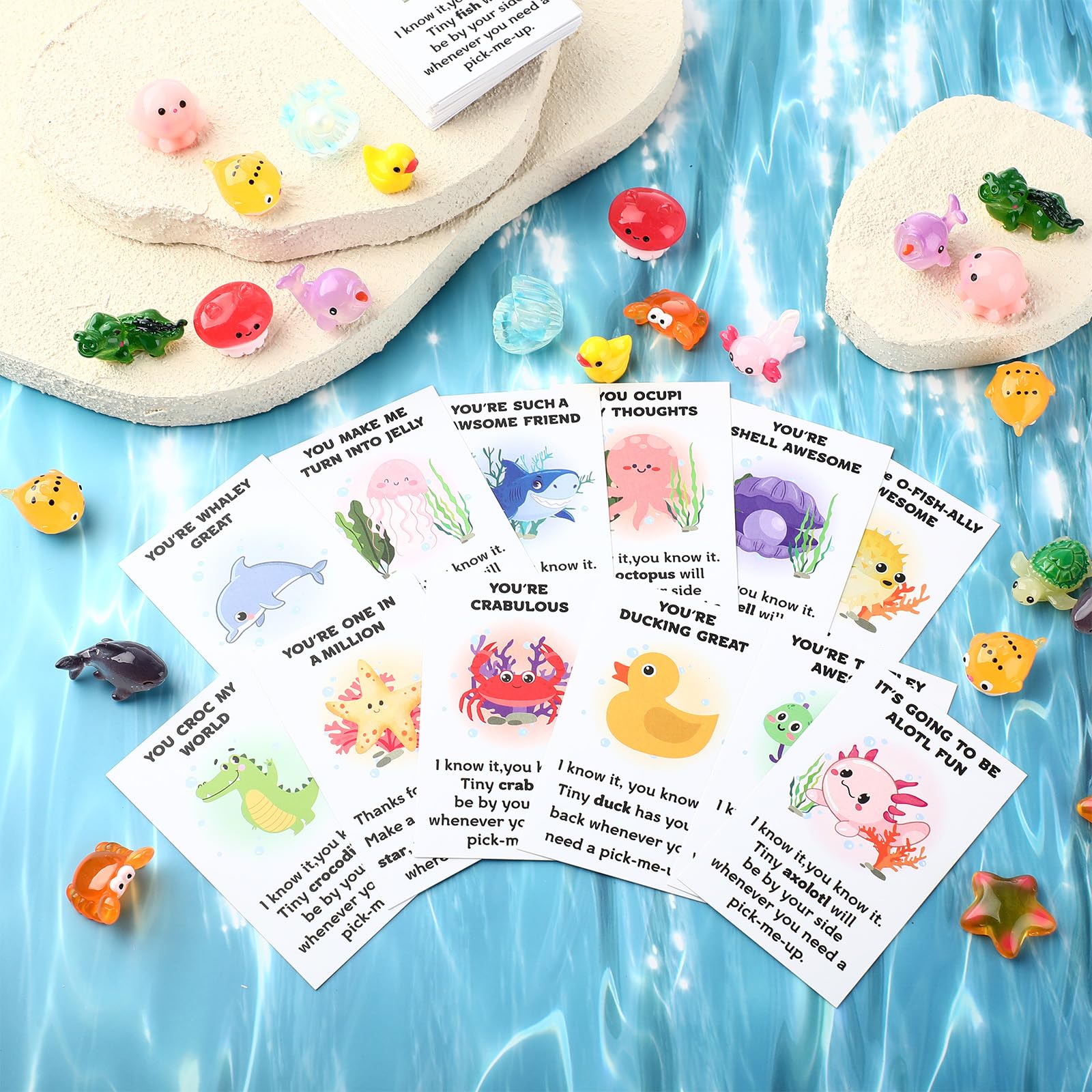 Briwooody 60 juegos de regalos de agradecimiento para empleados a granel para compañeros de trabajo, juego de regalo de agradecimiento de animales mixtos con juguetes de resina, tarjetas de notas