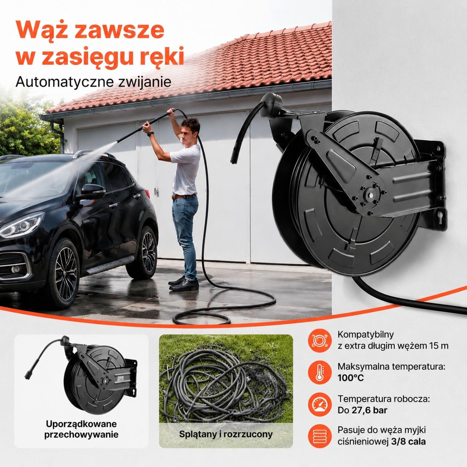 Bęben na wąż do myjki ciśnieniowej, stalowa rama, automatyczne zwijanie, montaż ścienny lub podłogowy, pojemność 15,2 m, złącze 3/8 cala, dla auta i ogrodu