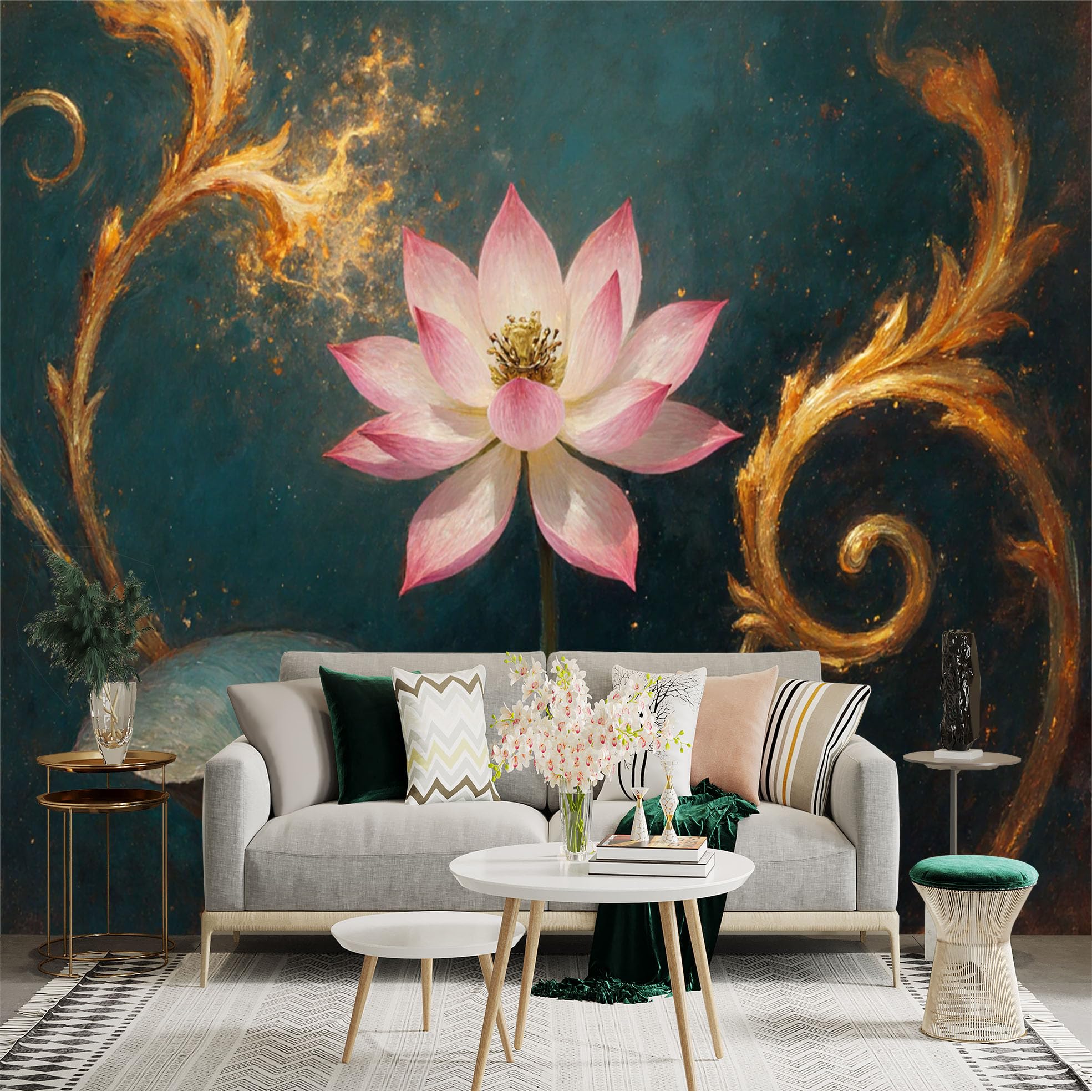 Custom Size Wall Sticker Mural， Elegant Pink Lotus Flower， Golden Abstract Flourishes， Dark Teal Oil Painting Background， for wall Decoration， peelandstick wall Decals.