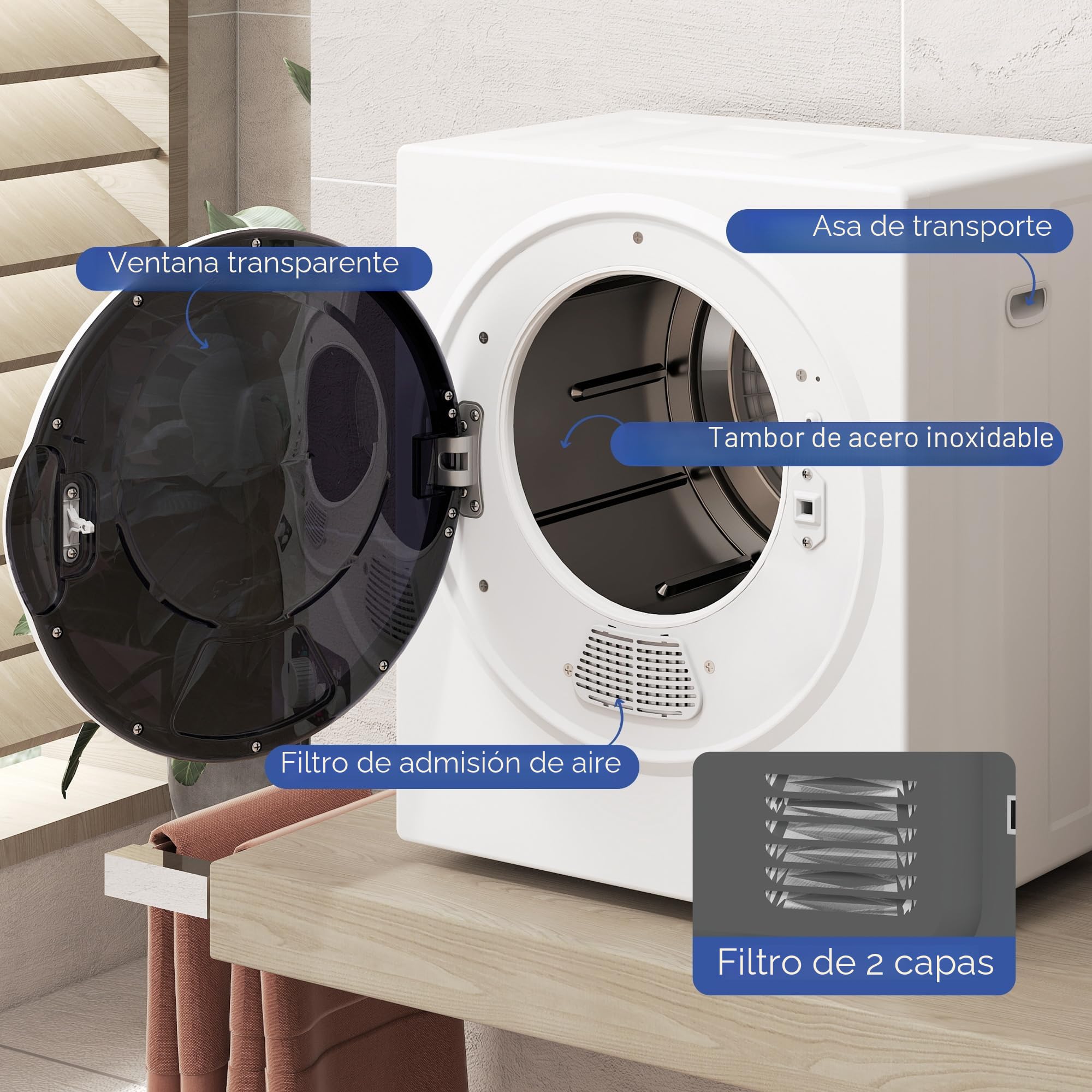 HOMCOM Secadora portátil con tubo de evacuación, secadora eléctrica 850 W, 4 Kg, 4 modos de secado, 2 niveles de calentamiento, tambor de acero inoxidable, instalación en pared, para apartamento