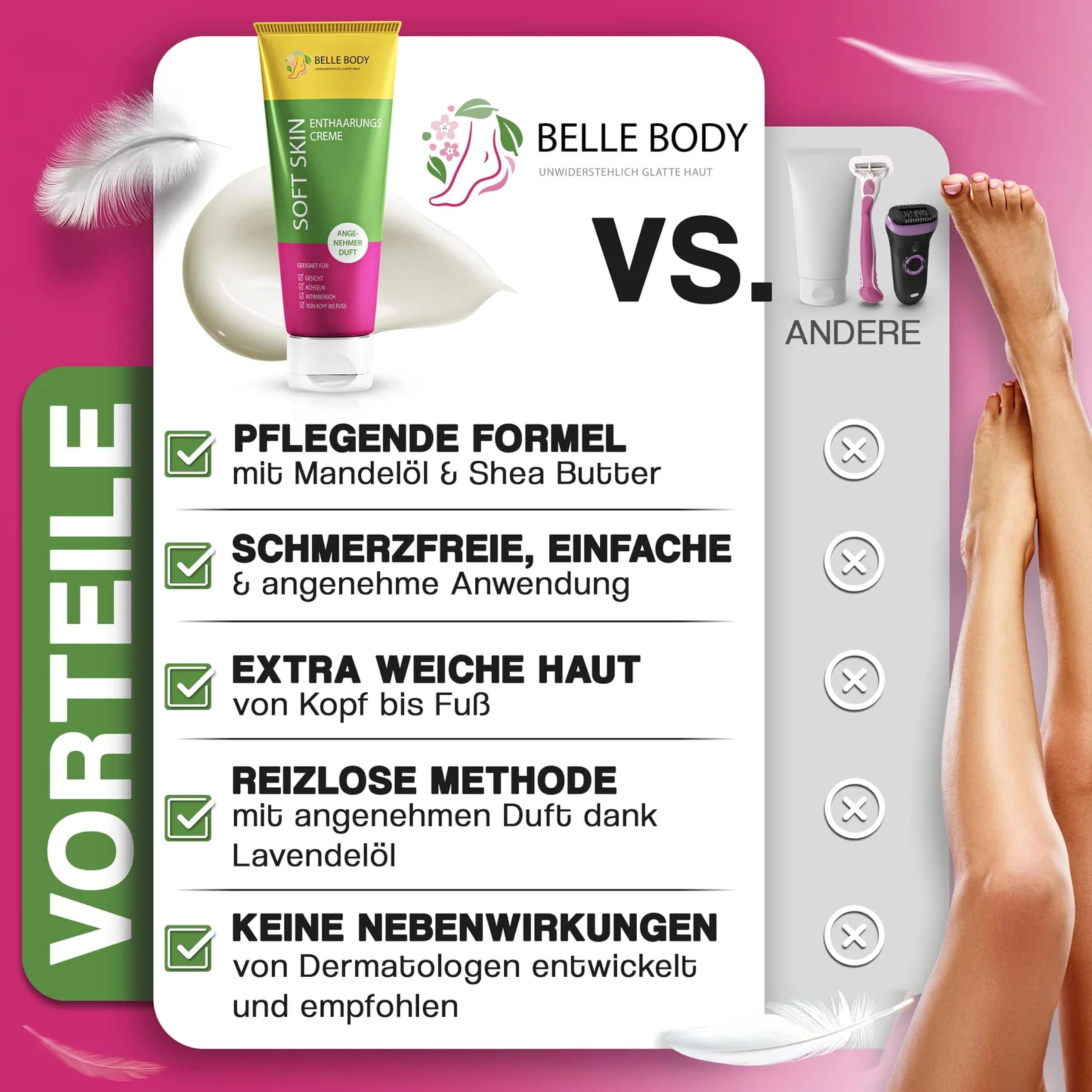 Belle Body Enthaarungscreme - Schnell, Schmerzfrei, Langanhaltend Haare weg | Enthaarungscreme für Gesicht, Achseln, Intimbereich - Sanft, ohne Rasurbrand & Pickel - Vegan - Für alle Hauttypen - 1x100ml