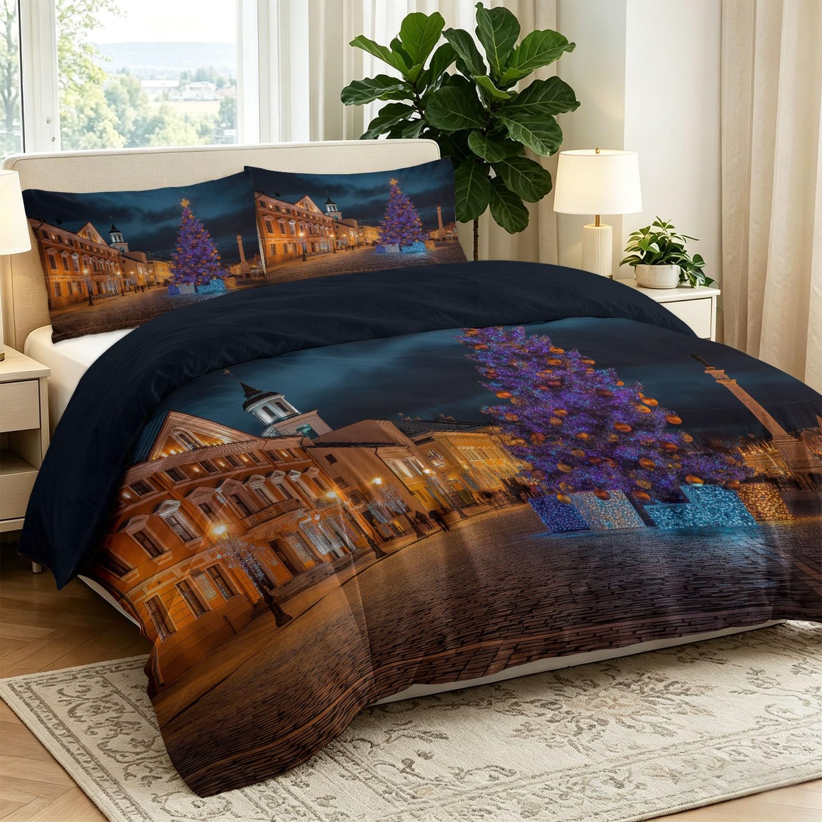 Verträumt świąteczny, oddychający zestaw pościeli, 200 x 200 cm, szara, z mikrofibry, dwustronna poszewka na kołdrę z ukrytym zamkiem błyskawicznym, wzór architektoniczny, choinka, dla rodzin i dzieci