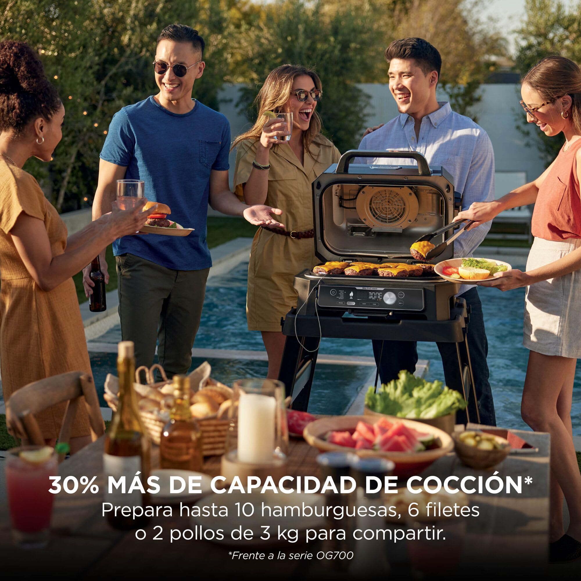 Ninja Woodfire Pro Connect XL Parrilla Eléctrica de Exterior y Freidora de Aire 7 en 1 - Control mediante App y 2 Sondas Digitales - Soporte para Costillas, Funda y Cepillo - Azul y Negro, OG901EUAMZ