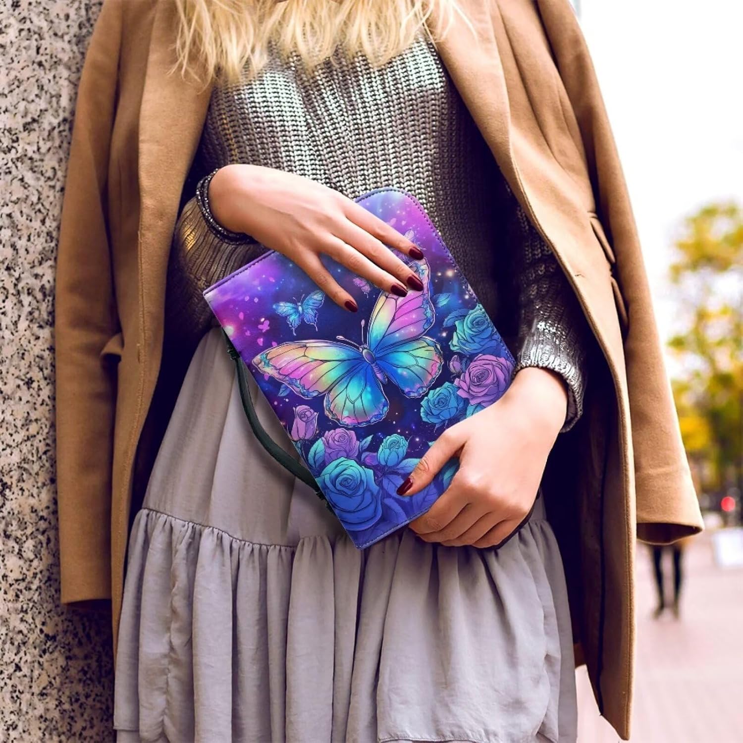 FOR U DESIGNS Bible Cover for Women - PU Leather Carrying Case, Classic Journal Bag, Butterfly and Flower Print Holder, Extra Large Size