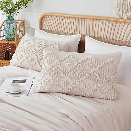 Miniatura 8 de RYNGHIPY Juego de edredón beige tamaño matrimonial, juego de ropa de cama jacquard ligero y esponjoso, edredón bordado bohemio de 3 piezas con 2