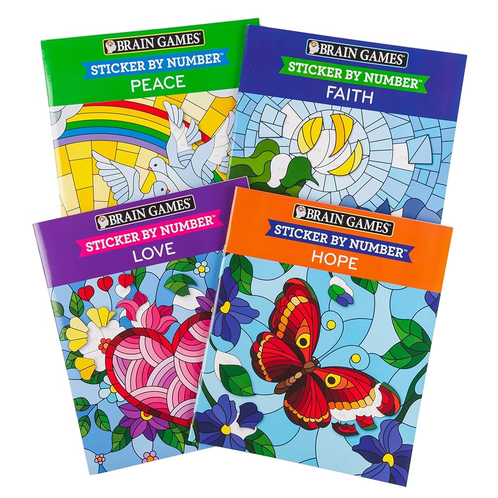 4 Booklet Set - Brain Games - Sticker by Number: Love, Peace