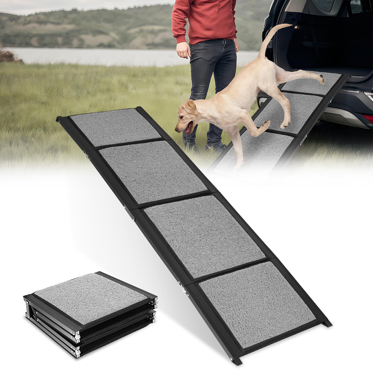Hunderampe Auto Klappbar 170x44cm, Faltbare & rutschfeste Hundetreppe Auto & SUV bis 80kg, Aluminium Rampe mit Schlingen-Teppich Oberfläche, Leicht & Stabil, Hund Rampe Grau