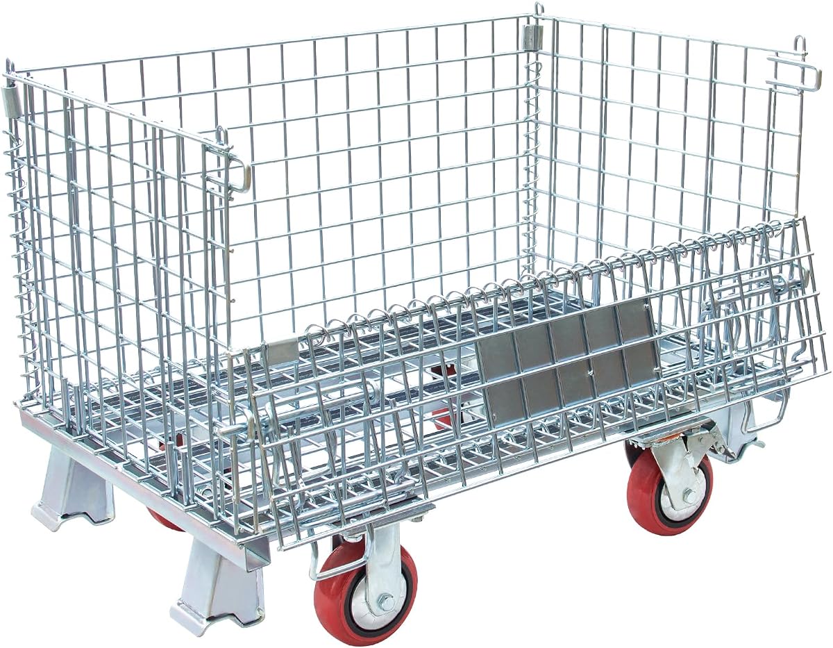 Contenedor plegable de malla de alambre con ruedas, 32"x20"x24", contenedor de almacenamiento de acero resistente de 1500 lbs, carro apilable para manipulación de materiales industriales