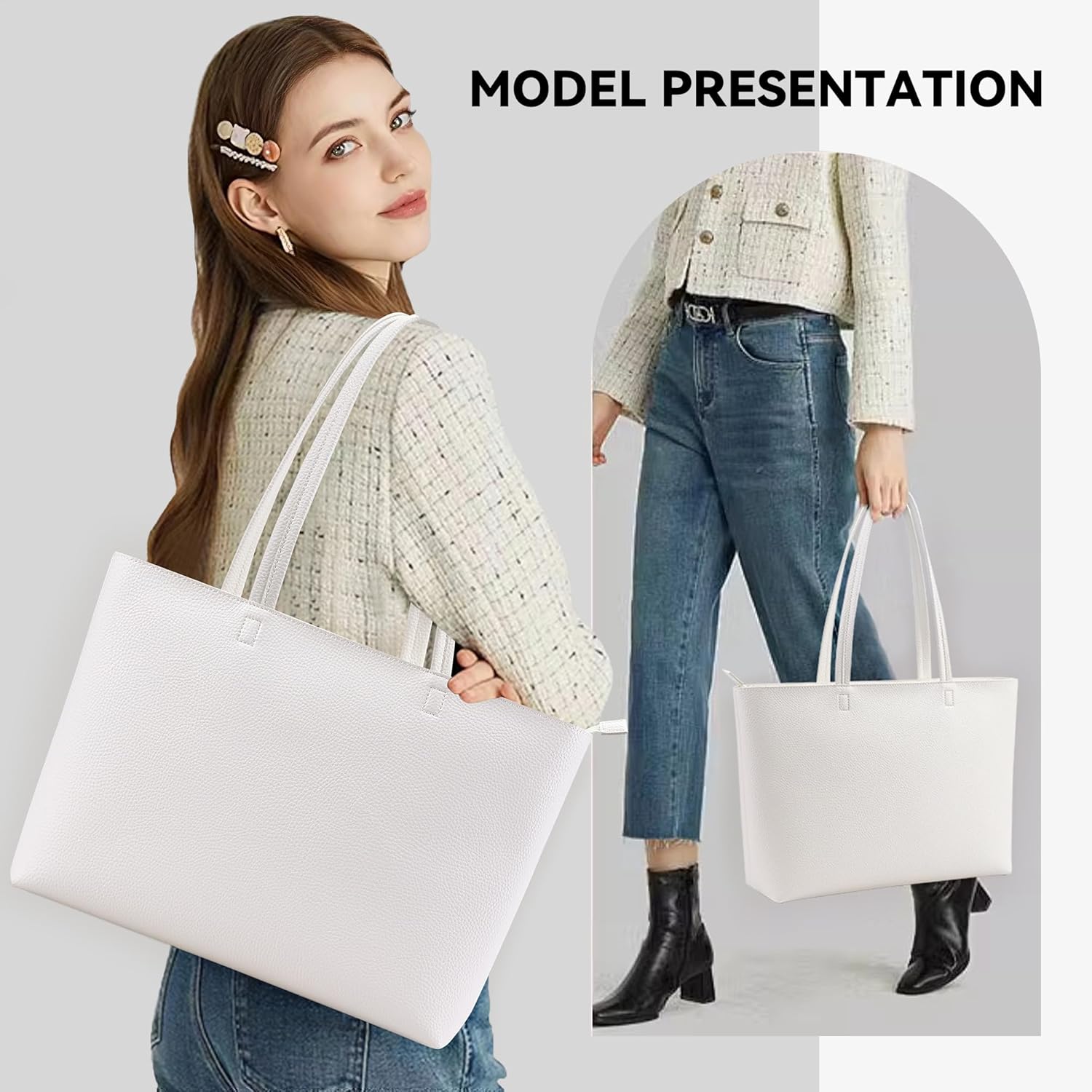 KALIDI Tote Bag Zipper Shoulder Bag Faux Leather Purses Satchel for Women Casual Handbag Work Dating College - Image 3