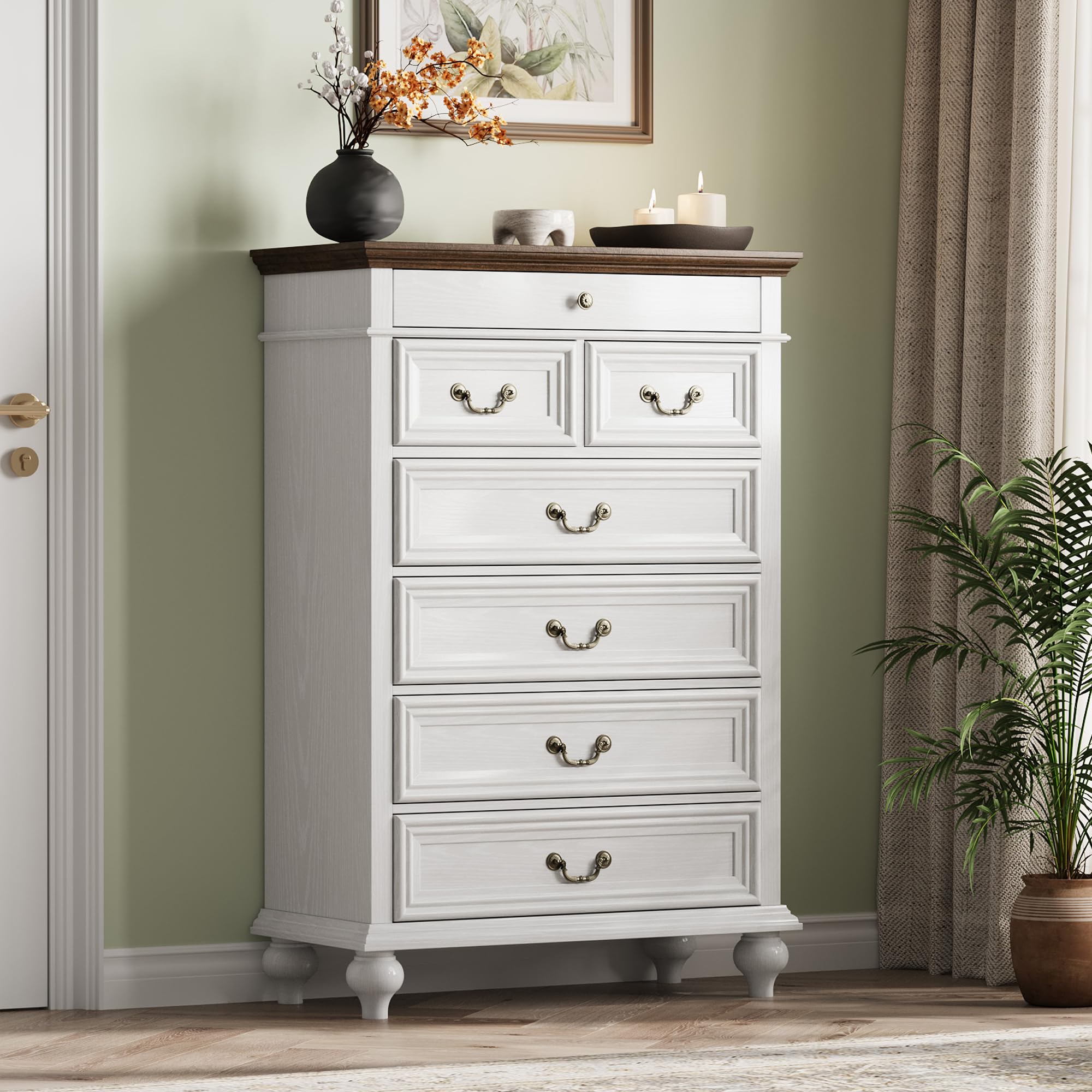 IDEALHOUSE Farmhouse Tall Dresser for Bedroom with 7 Drawers, 50" Tall Large Wood Chest of Drawers with Jewelry Storage for Bedroom, Living Room, Hallway, White