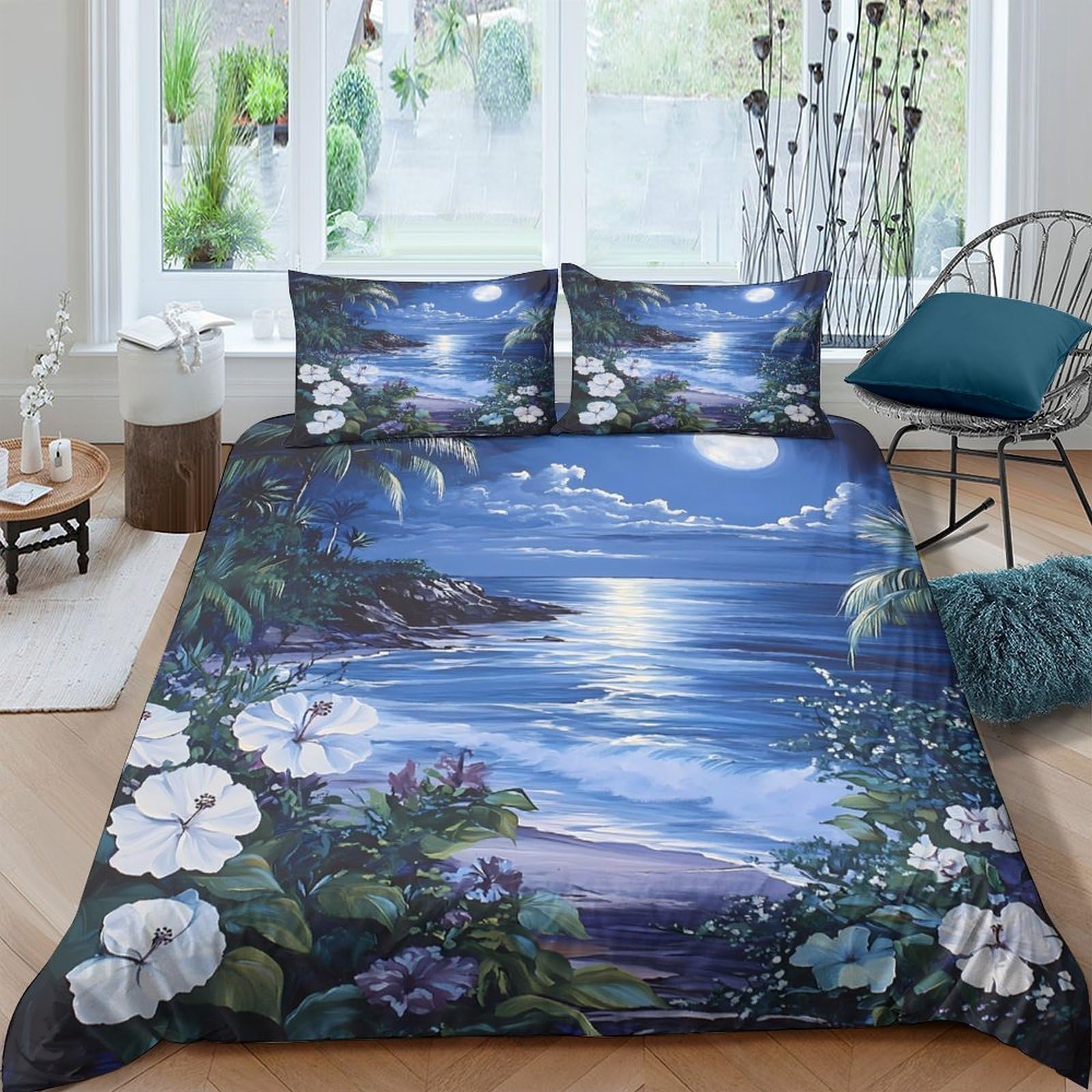 Ctjqhvkz Style-10 3D Printed Moonlit Ocean Fitted Sheet Microfiber Soft Floral Mattress Cover For Bedroom Guest Room Decor Single（135X200cm）