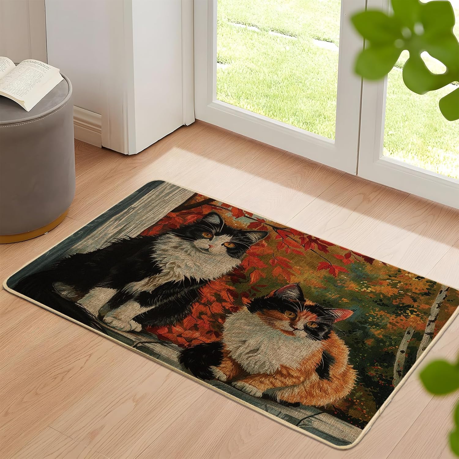 Fall Cats Doormat, Black White & Calico Cats Door Mat for Outdoor & Indoor Entrance Autumn Decor, Non-Slip Dust Absorbent Front Doormat, Easy Clean 29x17 Inch