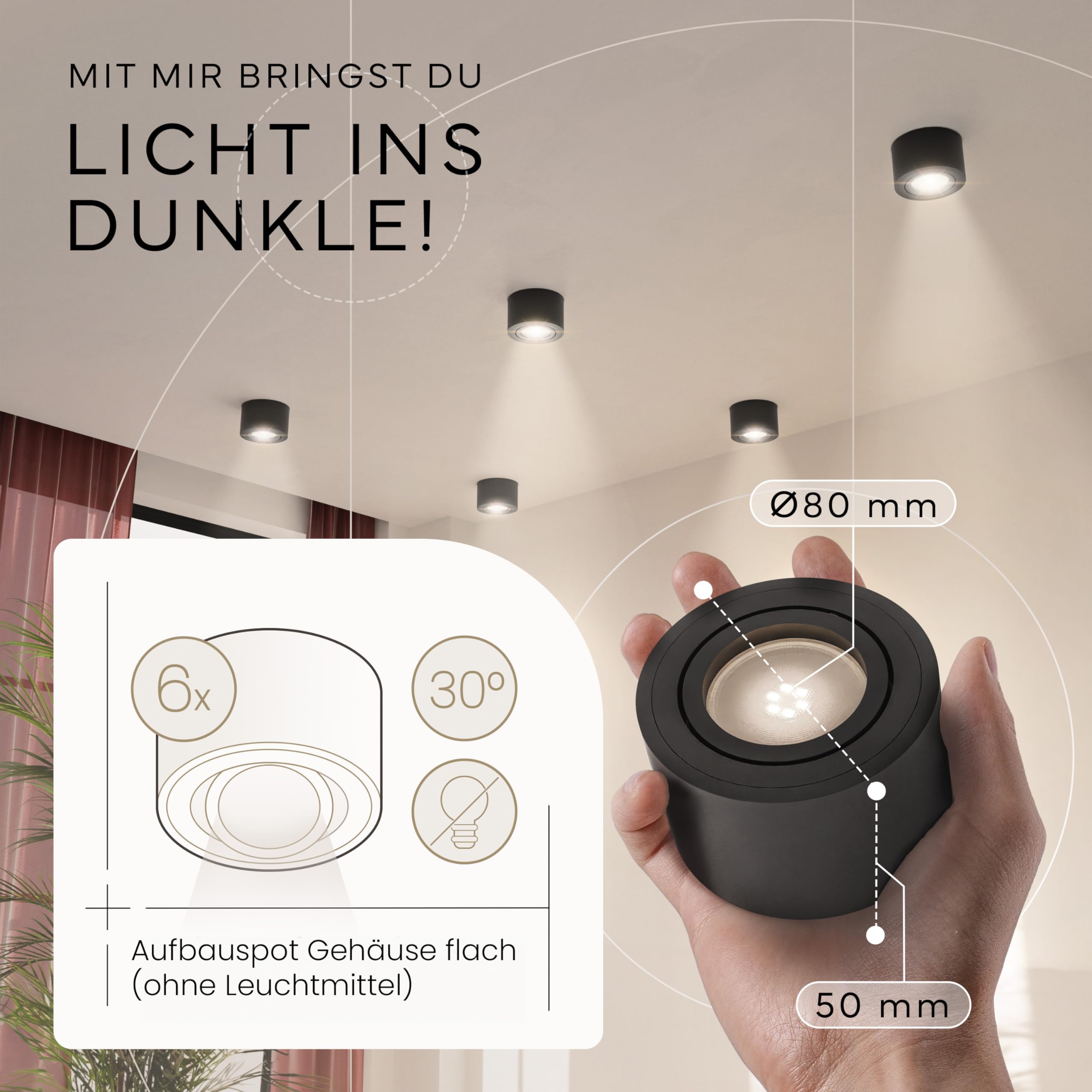 MATO 6x Aufbauspot schwarz - extra flach & schwenkbar - Ø80x50mm - Aufputz Spots Decke ohne Leuchtmittel - Deckenspots, Aufbaustrahler, Aufbauleuchte für LED Module mit 50mm