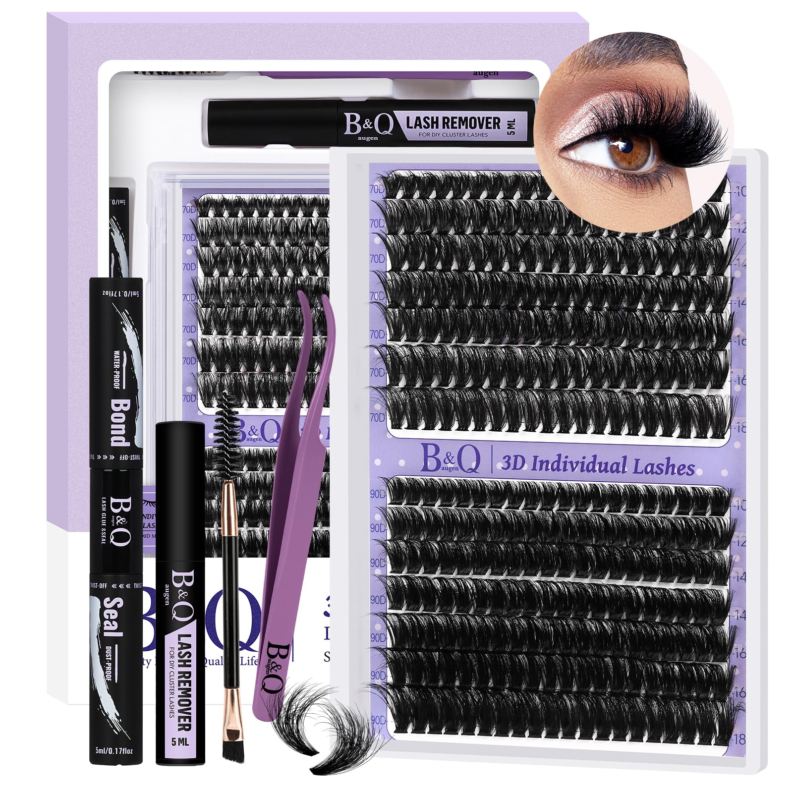 B&Q Fluffy Lash Clusters Kit 7D+90D Dramatic Eyelash Clusters Kit 10-18MM 0.05MM Wispy Lash Thick Volume DIY Individual Lashes 3D Mega Eye Lashes Suitable for Beginners at Home(KIT-70D+90D)
