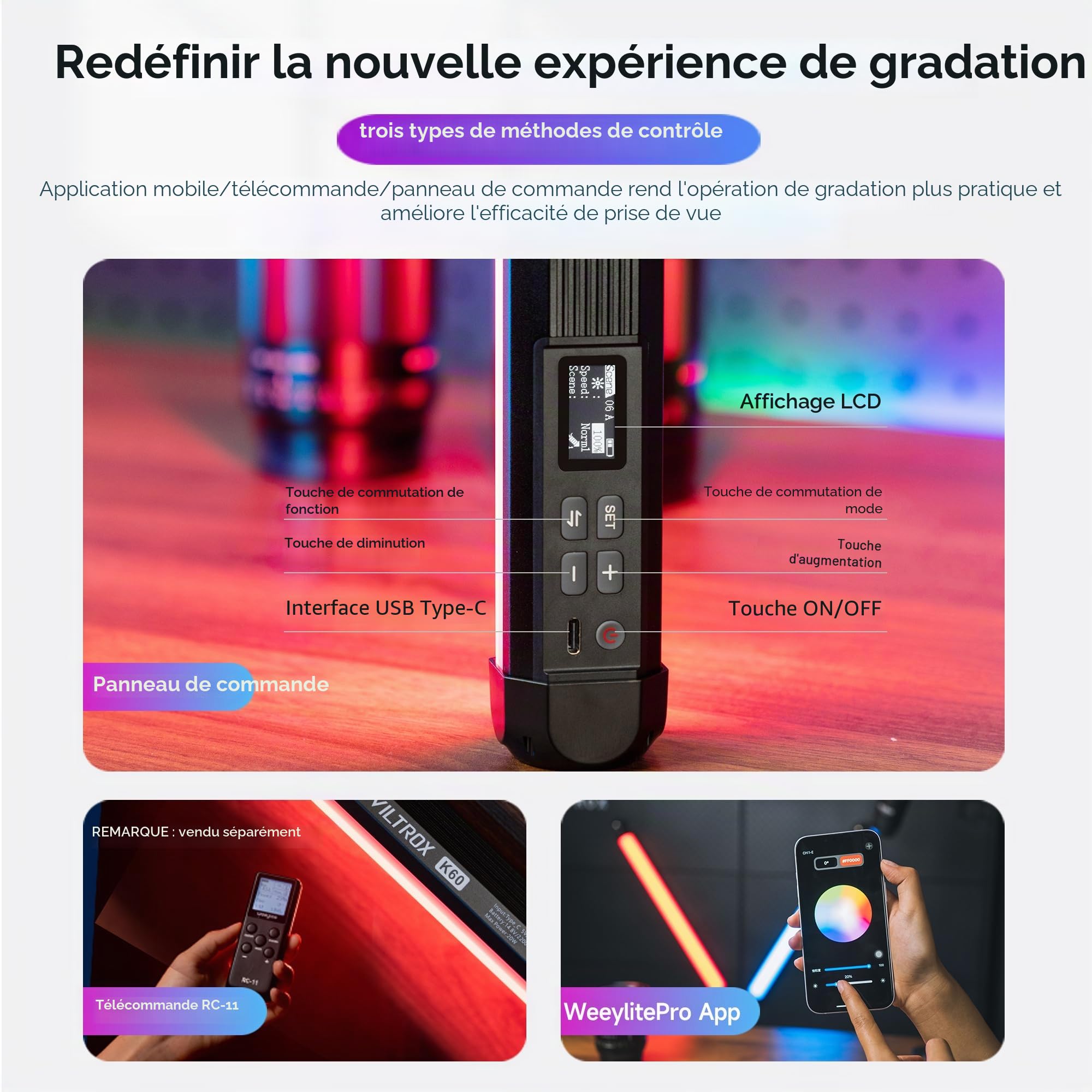 VILTROX K60 Lot de 2 bâtons Lumineux RVB, Grand Tube Lumineux pour Photographie de 22,8", Batterie Rechargeable 32Wh, 20W/1950 LM, Baguette Lumineuse RVB avec CRI 95 + 360°, écran LCD 2500K-8500K