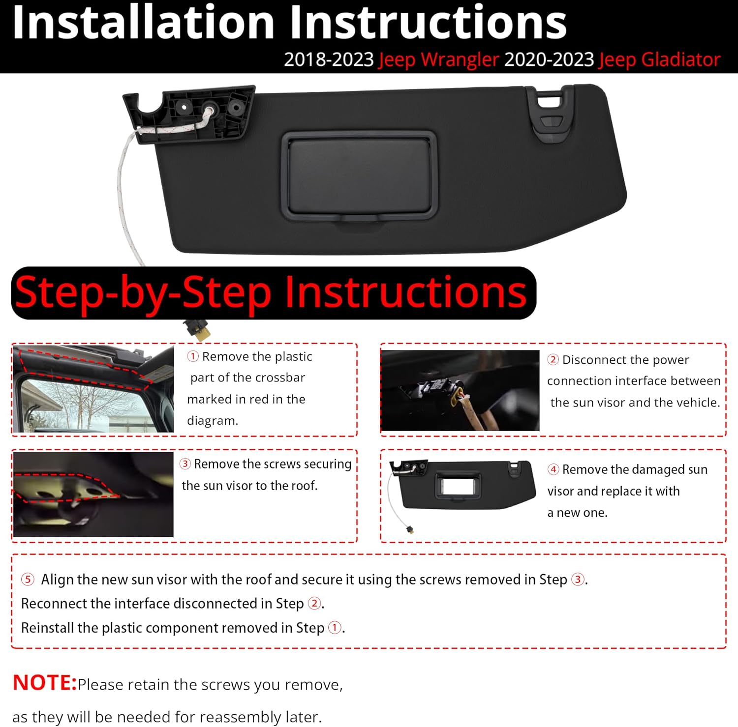 Sun Visor Fits for 2018-2023 Jeep Wrangler 2020-2023 Jeep Gladiator Driver Left Side with Garage Door Opener Replace# 6BR80TX7AM