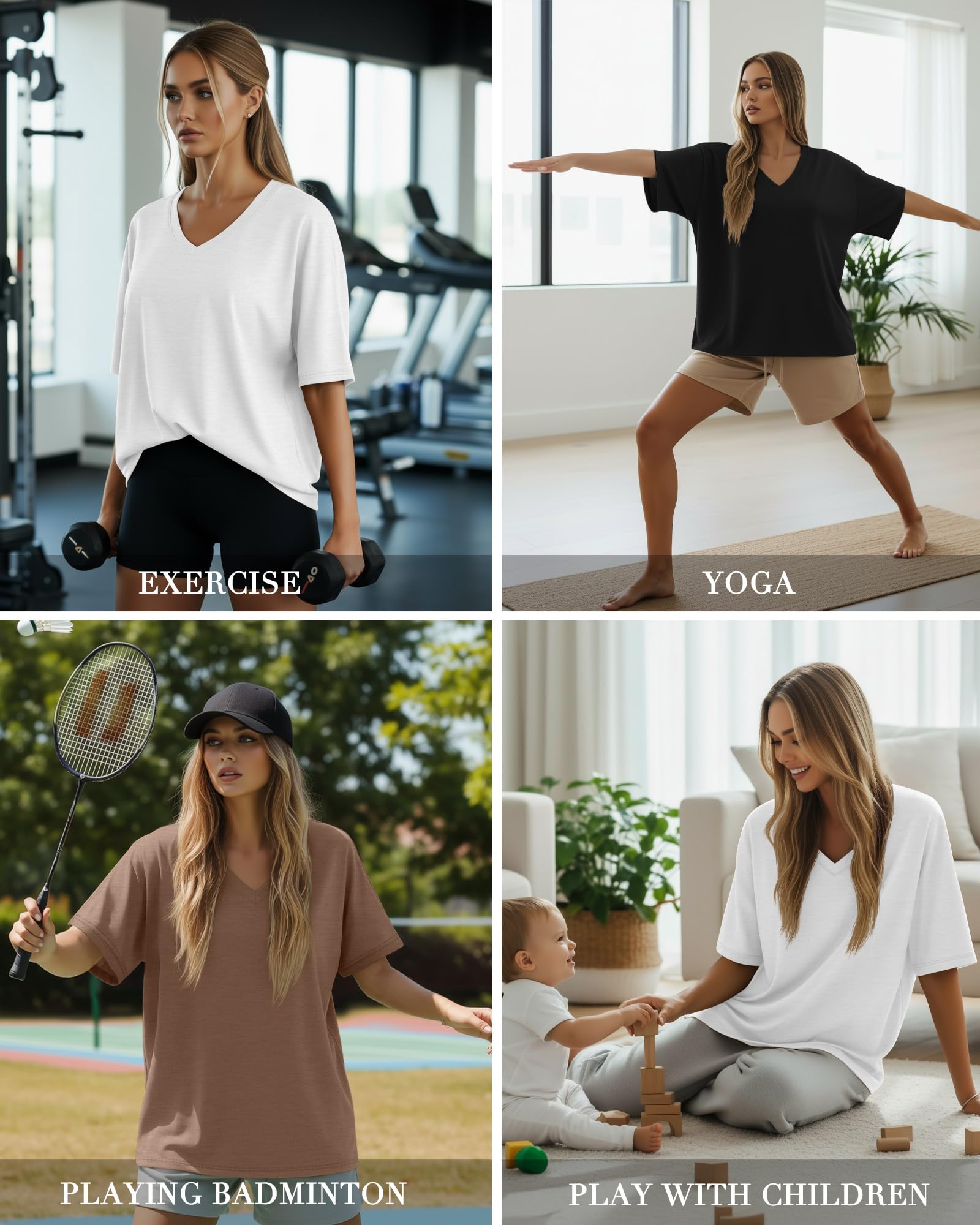 Geyoga Pack de 3 Camisetas Oversize de Algodón para Mujer Cuello en V Corte Holgado Camisetas Deportivas Manga Corta