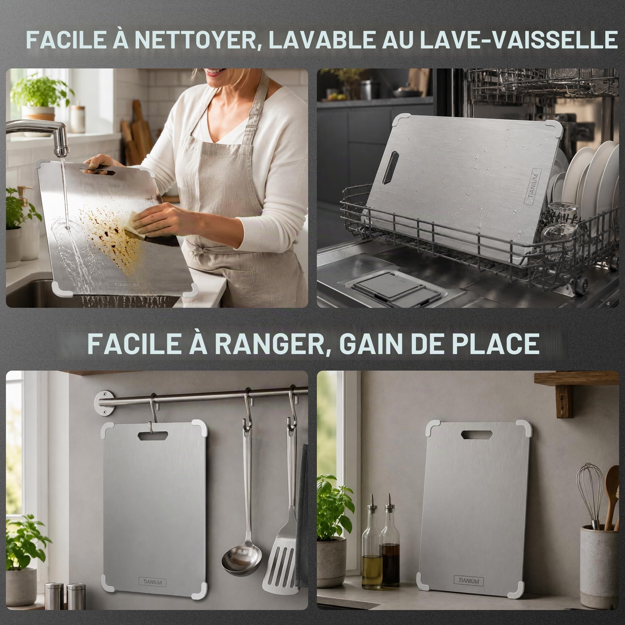 Planche à Découper 100% Titane pur Qualité Alimentaire, Surface non Poreuse Hygiénique sans Microplastique, Lavable en Lave-vaisselle pour Viande Légumes Fruits Cuisine Camping 34x23x0.2cm, 720g