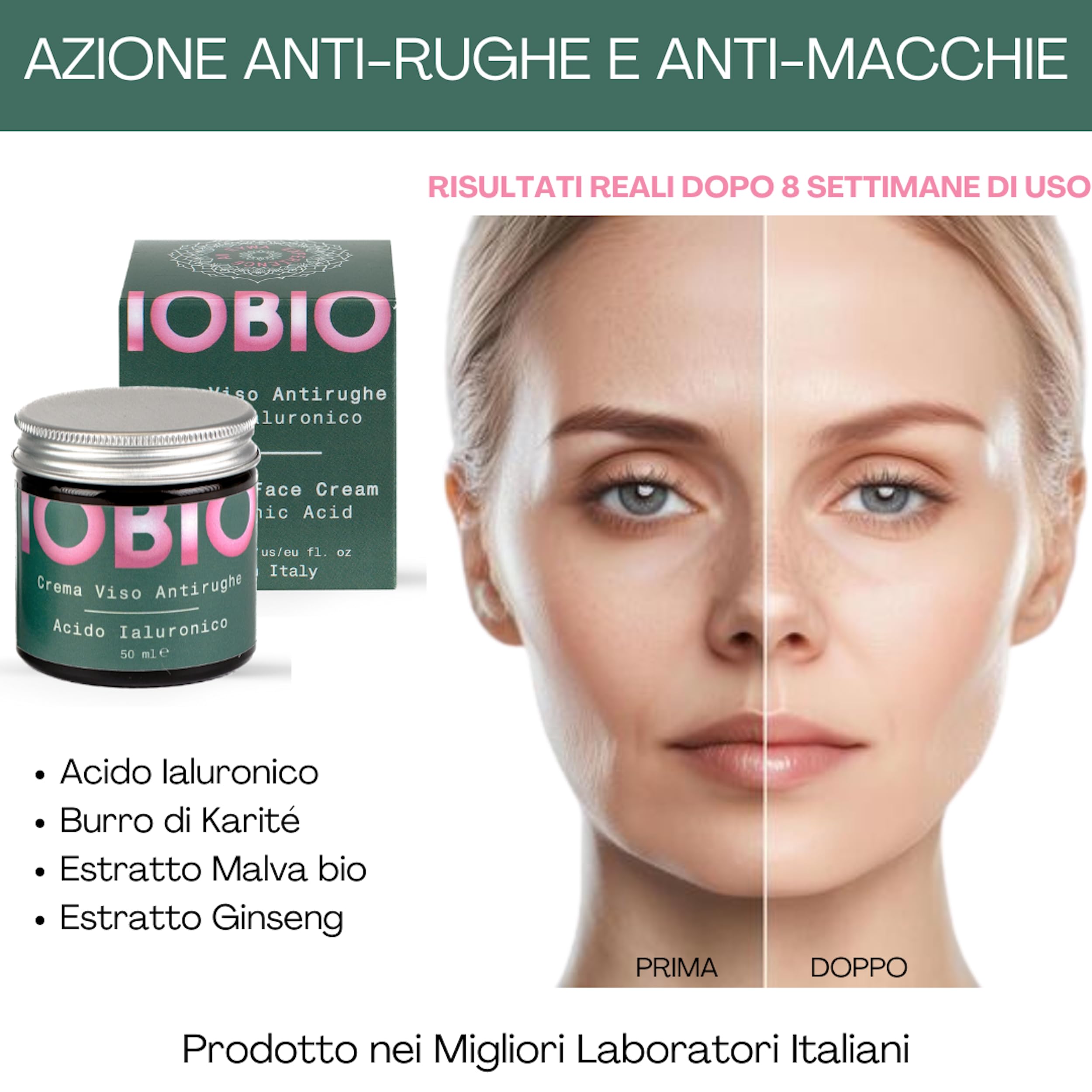 Eywa Crema Viso Antirughe all’Acido Ialuronico IOBIO (50 ml) – Crema giorno idratante per rughe e segni del tempo – Con collagene, malva bio, ginseng e Gatuline – Bio, vegan, made in Italy