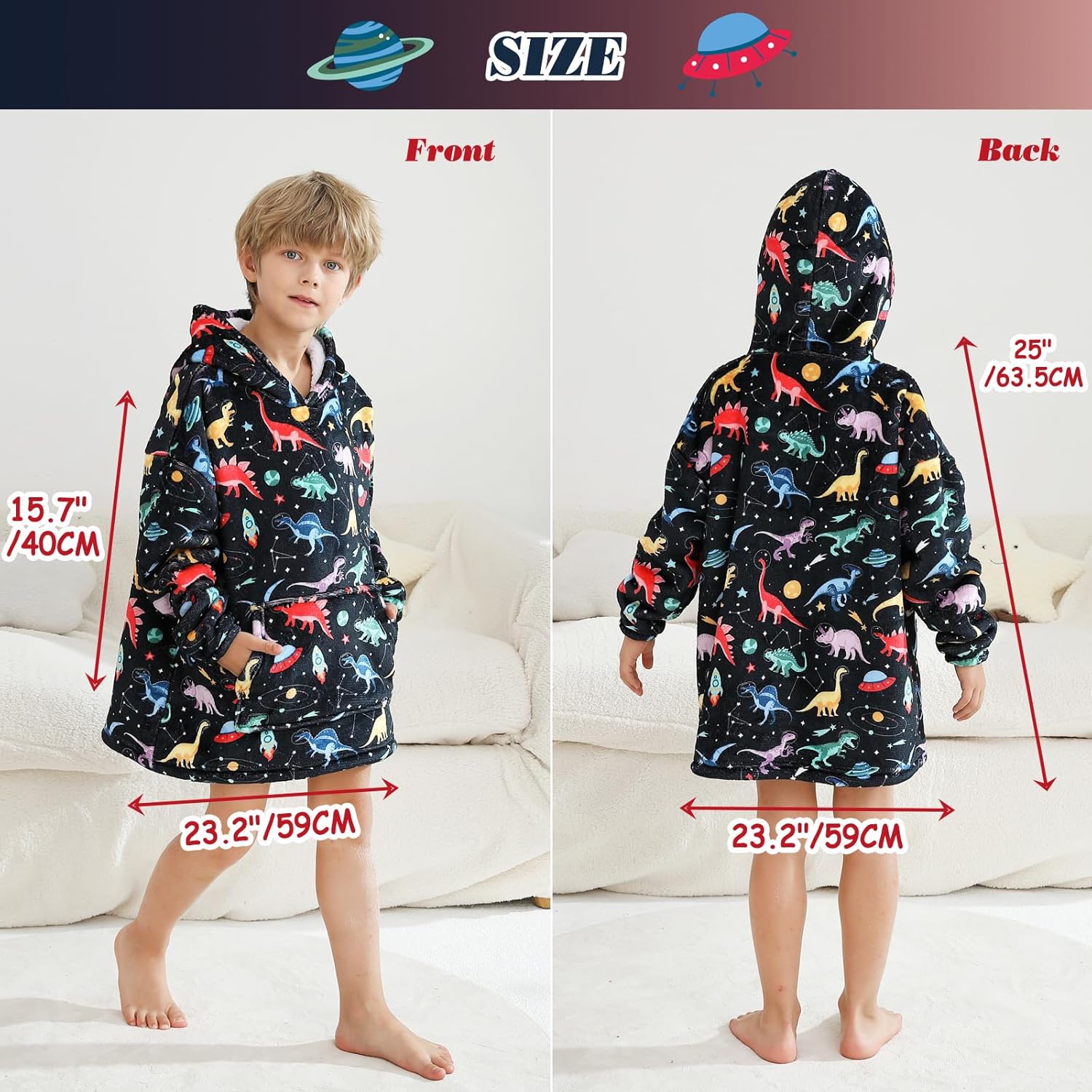 Kids Wearable Blanket, Toddler Sherpa Sweatershirt Hoodie with Front Pocket Comfy Warm Hugs - Image 2