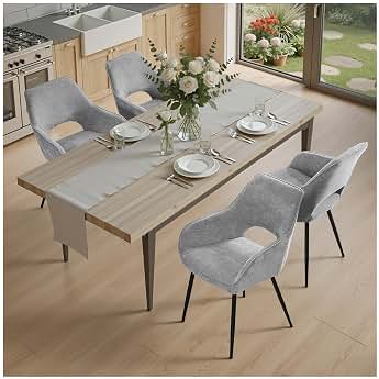 Juego de 4 Sillas Comedor, Sillas de Comedor de Chenilla, Silla de Cocina de Diseño Moderno con Reposabrazos, Silla de Tapizadas con Respaldo Recortado para Cocina, Salón - Gris