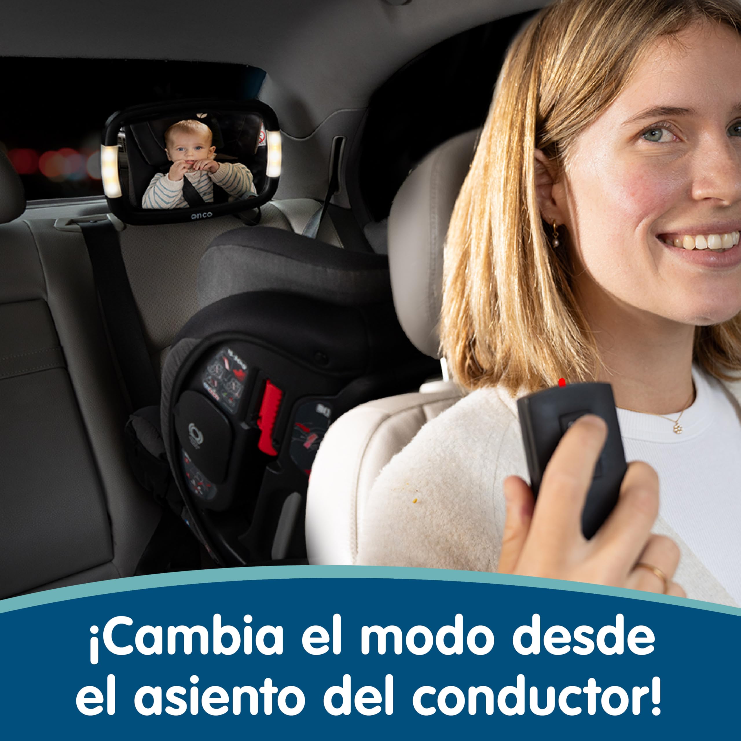 Onco Espejo Coche Bebé Con LED - 2 Modos de Luz Ambiental, 100% Irrompible, Ajuste Universal y Orientable 360°, Asiento Trasero, Retrovisor, Accesorios