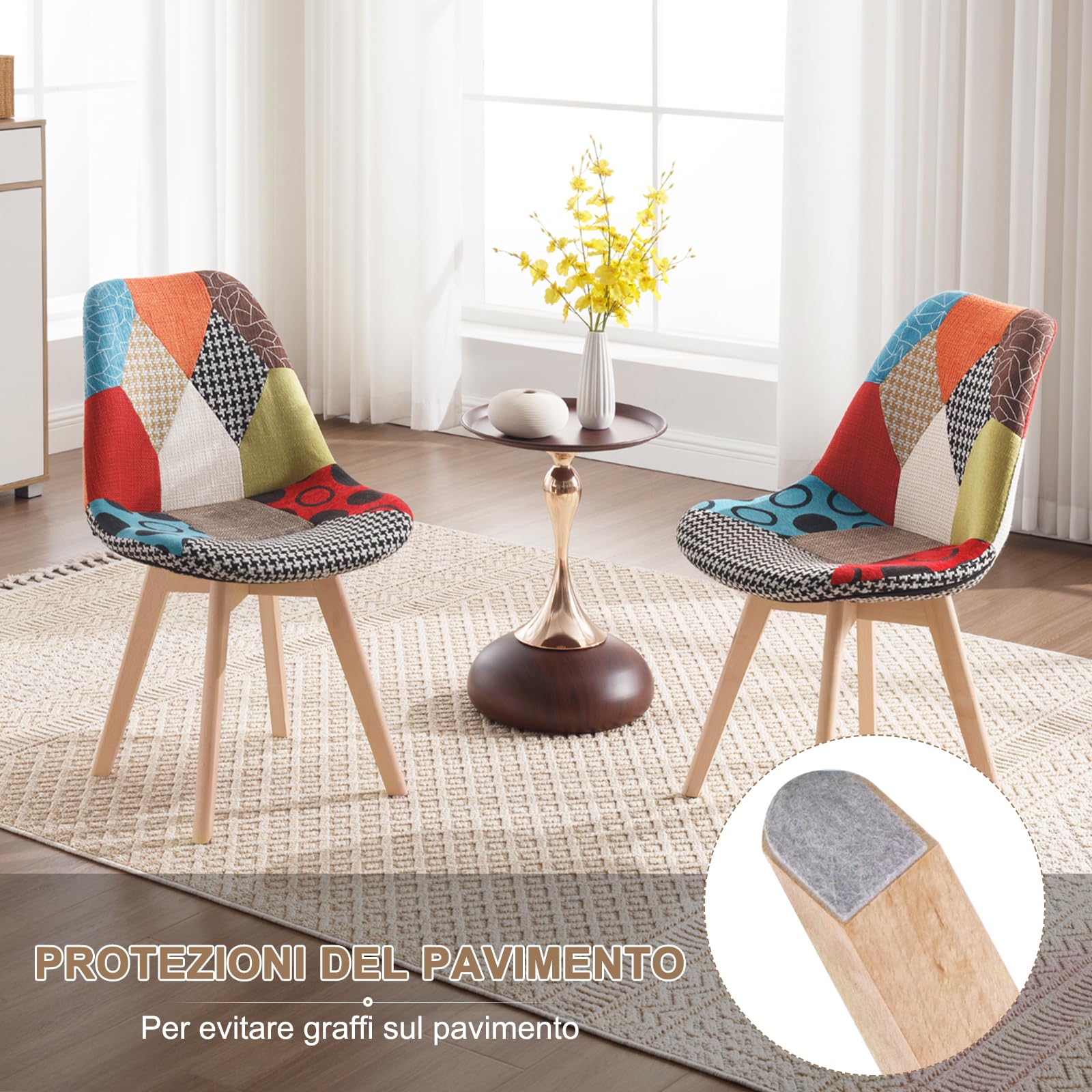 WOLTU Set di 2 sedie da pranzo Sedia da Scrivania con Schienale Rivestito in Tessuto di Lino Patchwork Gambe Legno Moderno