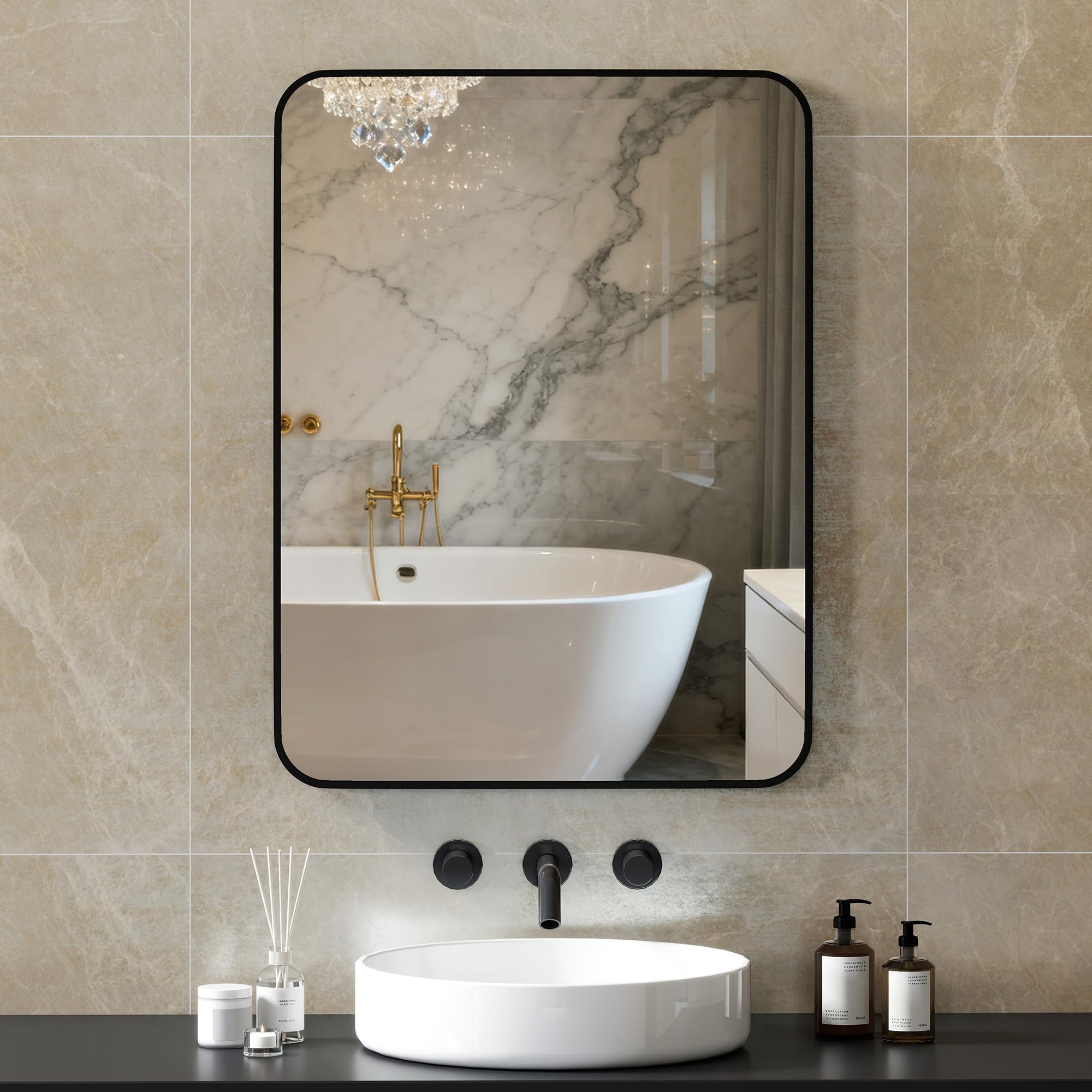 HOMCOM Espejo de Baño 60x90 cm Decorativo con Marco de Metal Negro | Espejo de Pared, con Gancho, Fácil Instalación, para Salón Entrada Pasillo