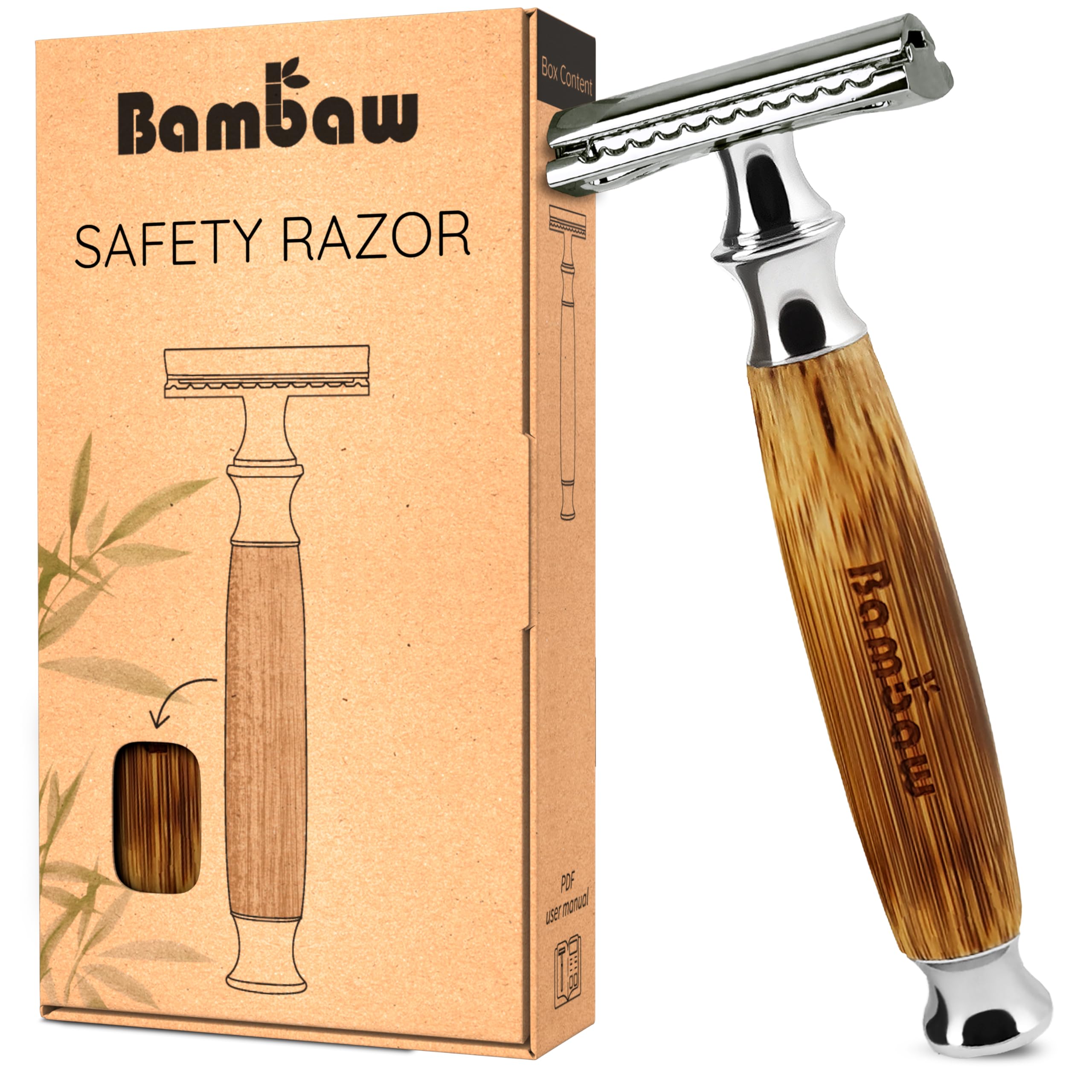 Double Edge Razor Men & Women, Reusable Metal Razor Women, Easy & Safe to Use, Close & Smooth Shave with Balanced Weight for Full Control, No Blade Included (Thick Bamboo Silver)