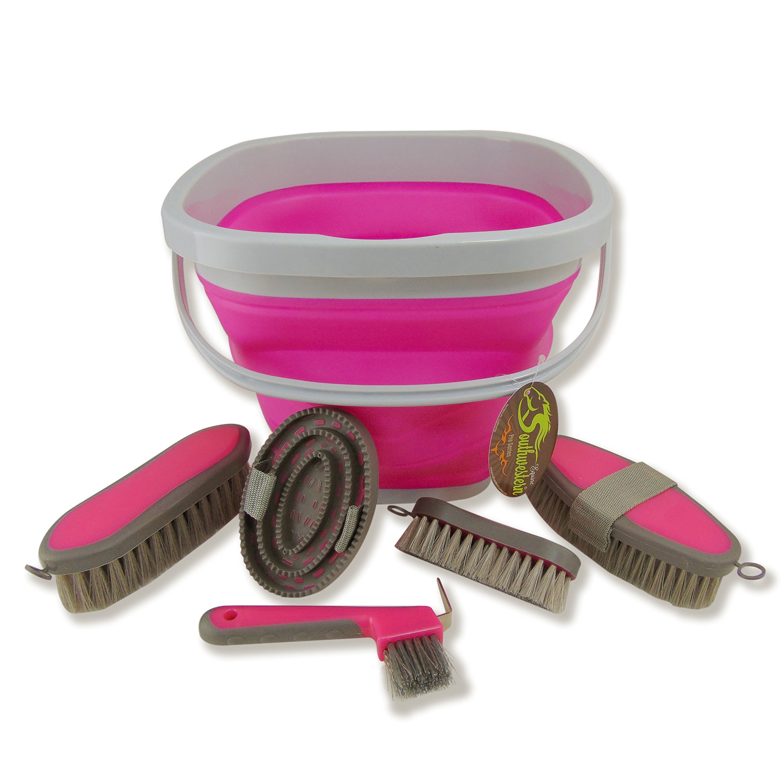 Collapsible Grooming Kit 10 Liter Bucket and 5 Grooming Tools - By Southwestern Equine (Pink)