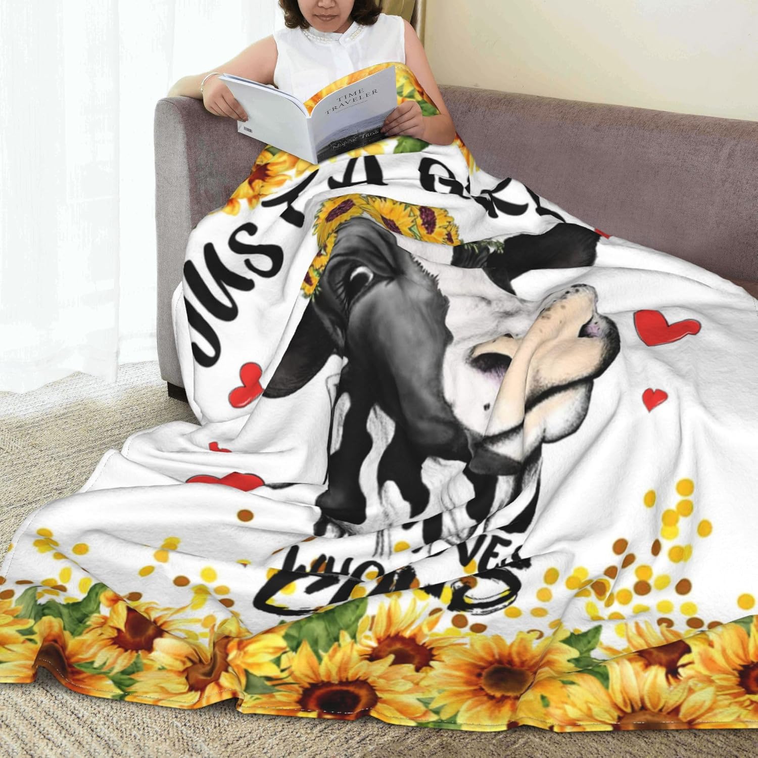 Cow Blanket Sunflower Cow Soft Cozy Flannel Throw Blanket Just a Girl Who Loves Cow Blankets Gifts for Women Kids Adults Teen 50"X 40" - Image 4