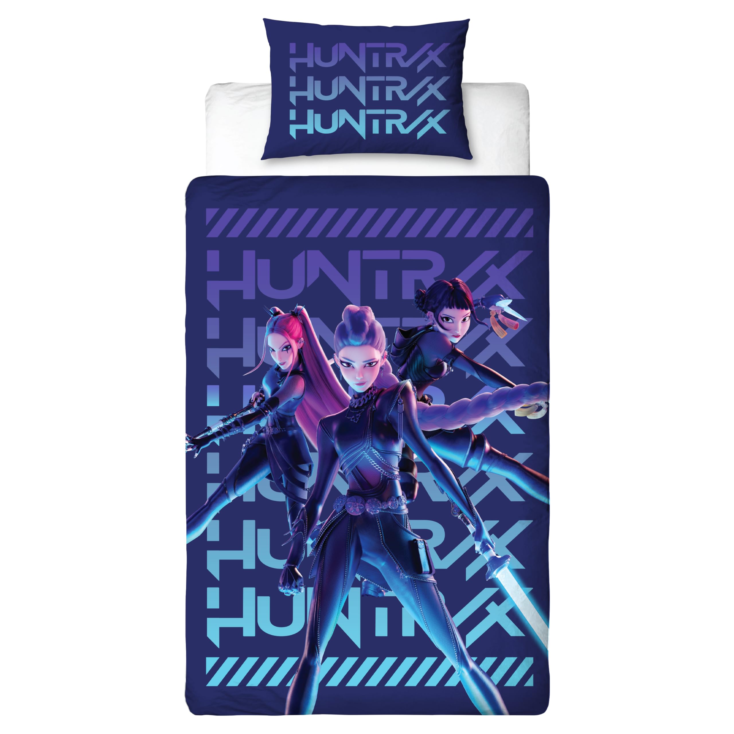 Ensemble de housse de couette simple sous licence officielle K Pop Demon Hunters | Motif Huntrix Power | Literie réversible à deux faces avec taie d'oreiller assortie | Idéal pour une chambre d'enfant