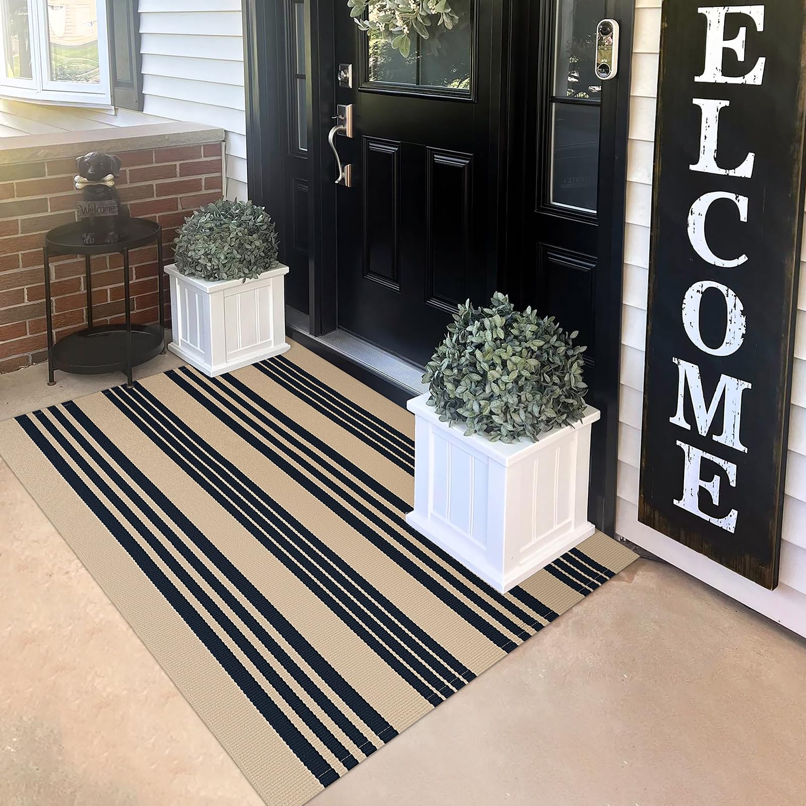 KILOCOCO Striped Rug 3'X5' Front Door Mat Outdoor Welcome Mats Rugs Outdoor Cotton Washable Front Porch Rug Layered Doormats for Kitchen/Farmhouse/