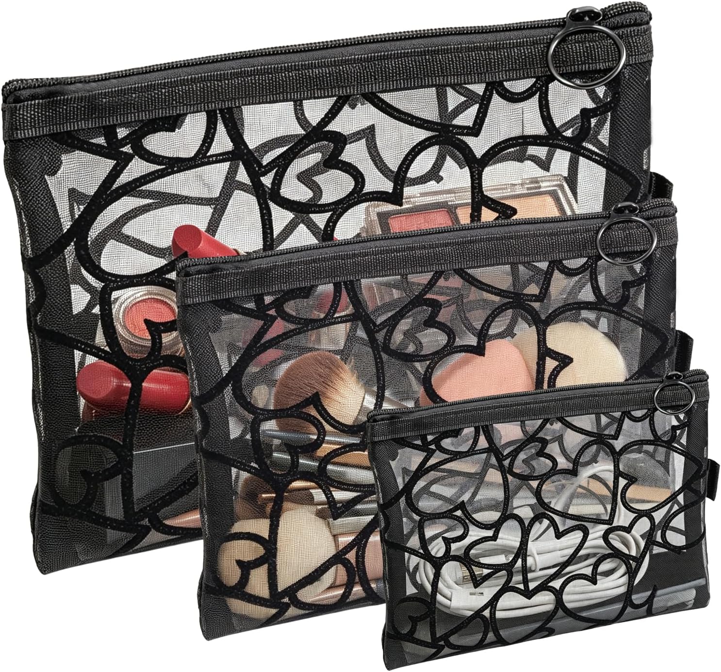 6-Piece Heart Printed Mesh Makeup Bag Set – Small Pouches for Purse, Mesh Pouch, Pouches for Inside Purse, Pouch for Bags with Zipper（Beige）