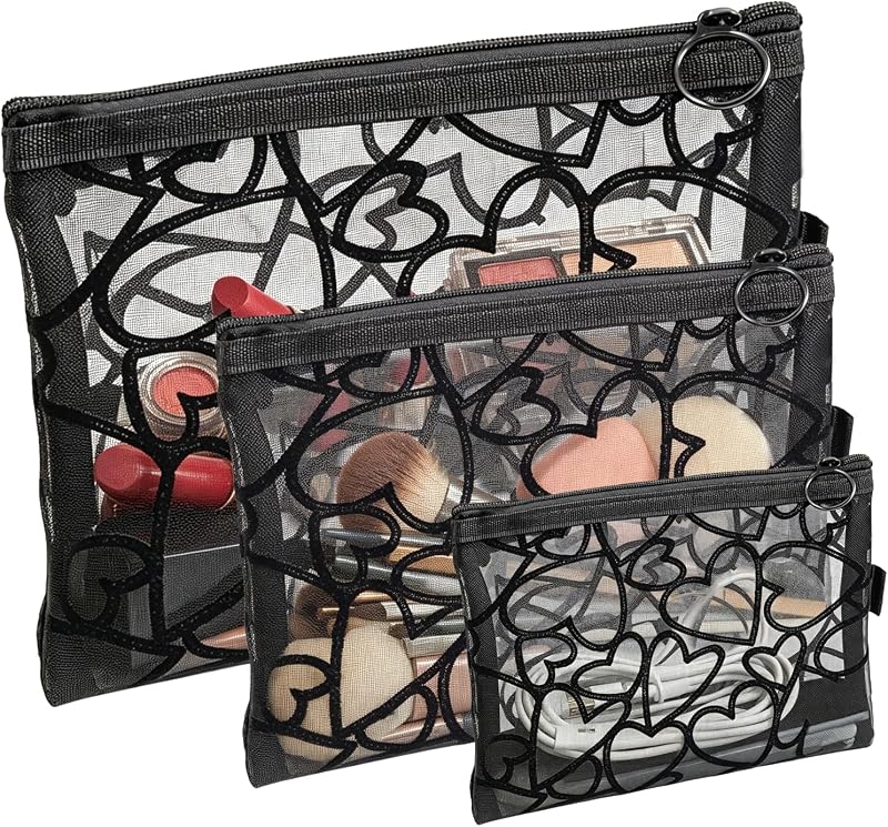 Conjunto Ymcafmo com 3 necessaires de malha de nylon com estampa de corações, preto, tamanhos grande, médio e pequeno